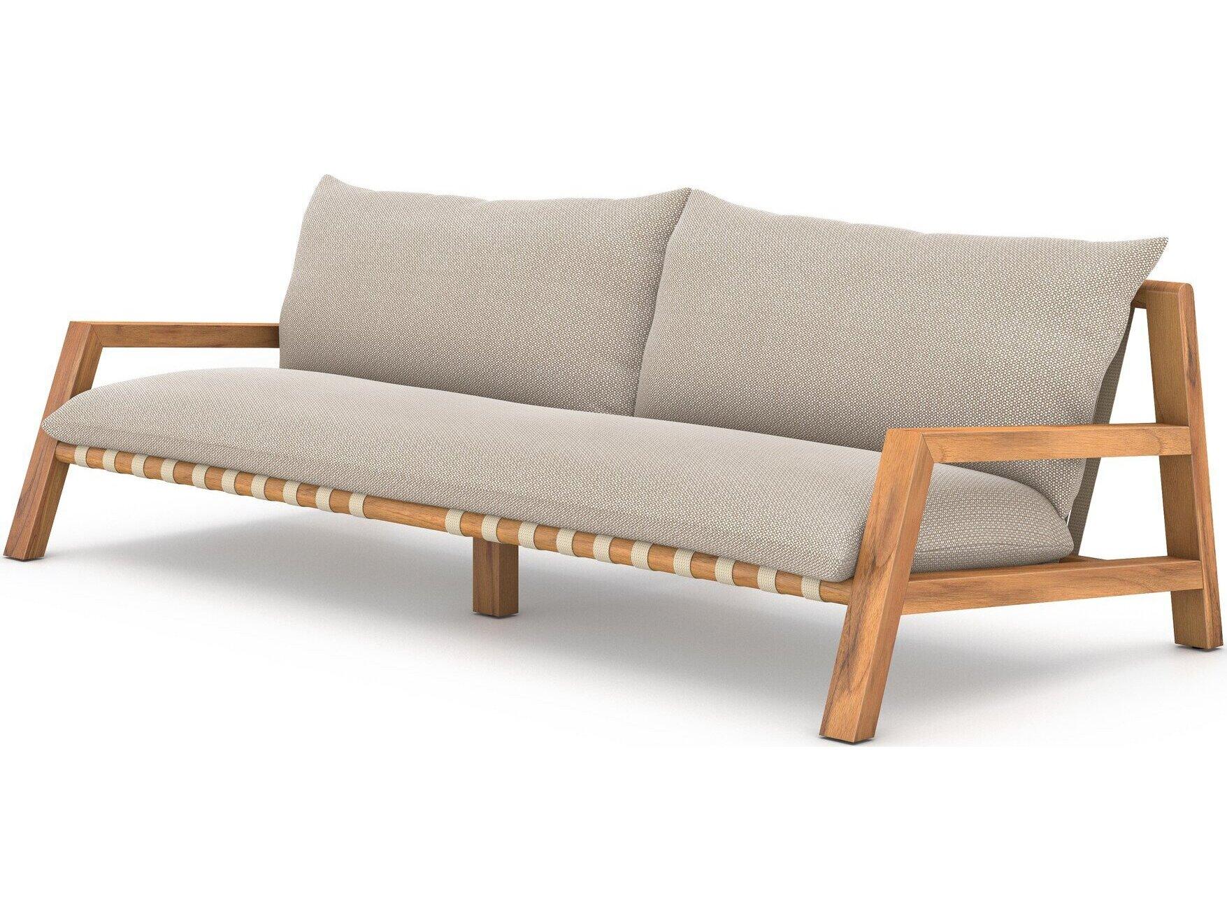 Four Hands Outdoor Solano Natural Teak / Ivory Strap Sofa with Faye Sand Cushion