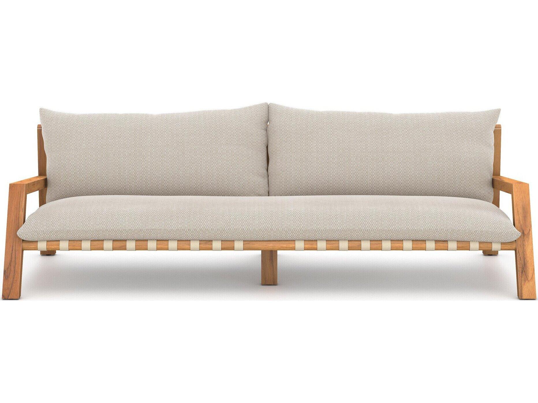 Four Hands Outdoor Solano Natural Teak / Ivory Strap Sofa with Faye Sand Cushion