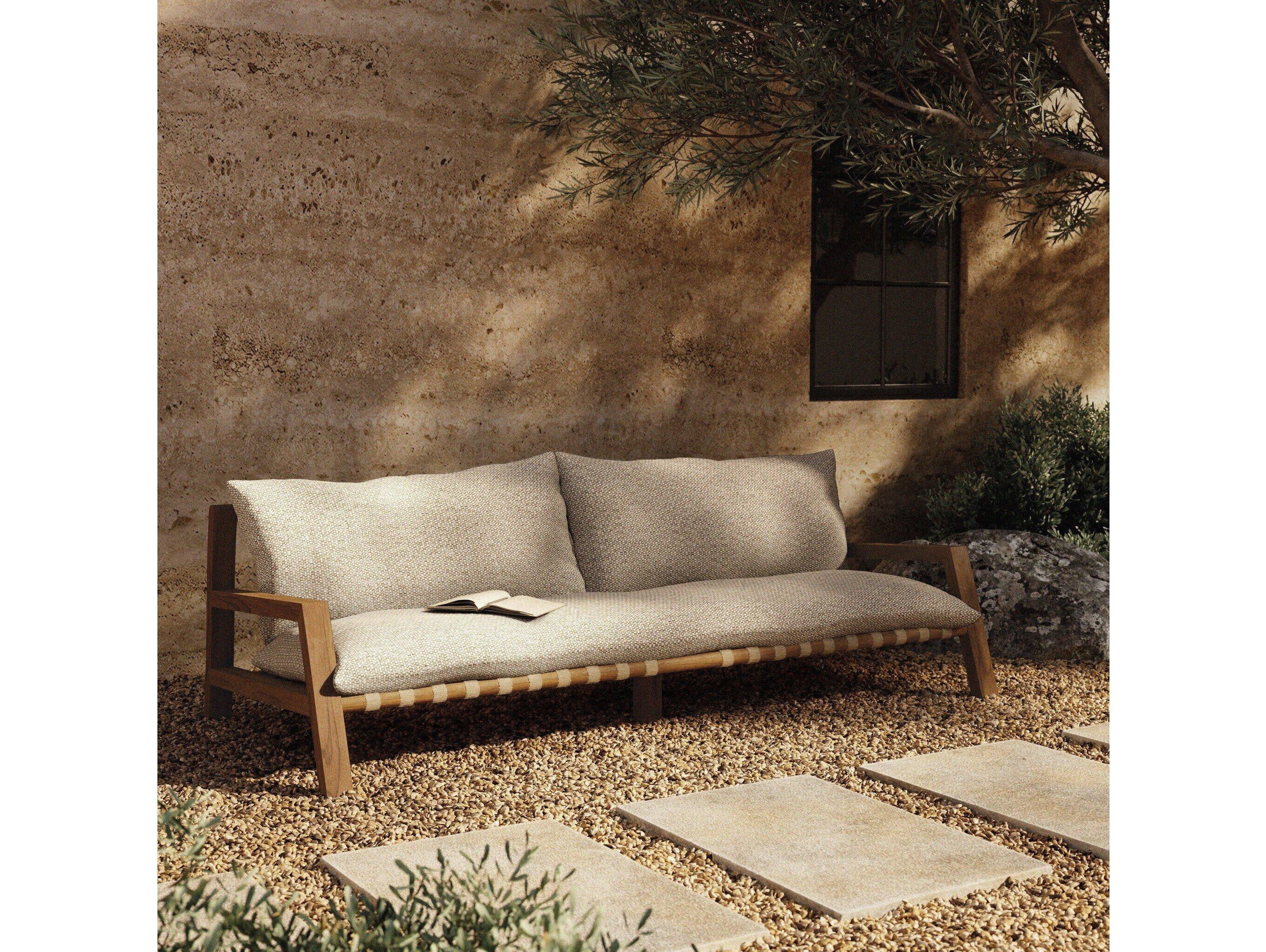 Four Hands Outdoor Solano Natural Teak / Ivory Strap Sofa with Faye Sand Cushion
