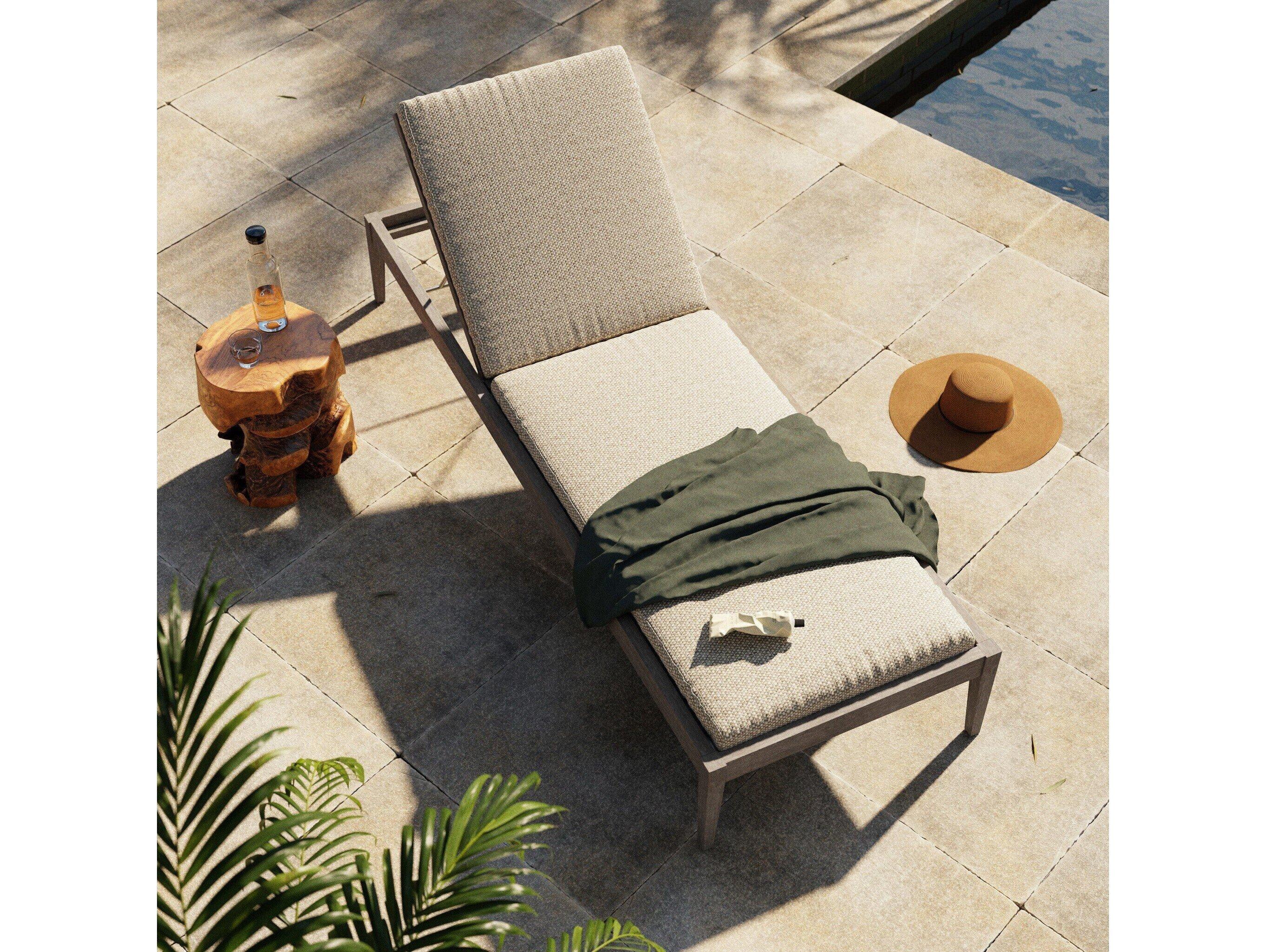 Four Hands Outdoor Solano Weathered Grey Teak / Dark Grey Rope Chaise Lounge with Faye Sand Cushion