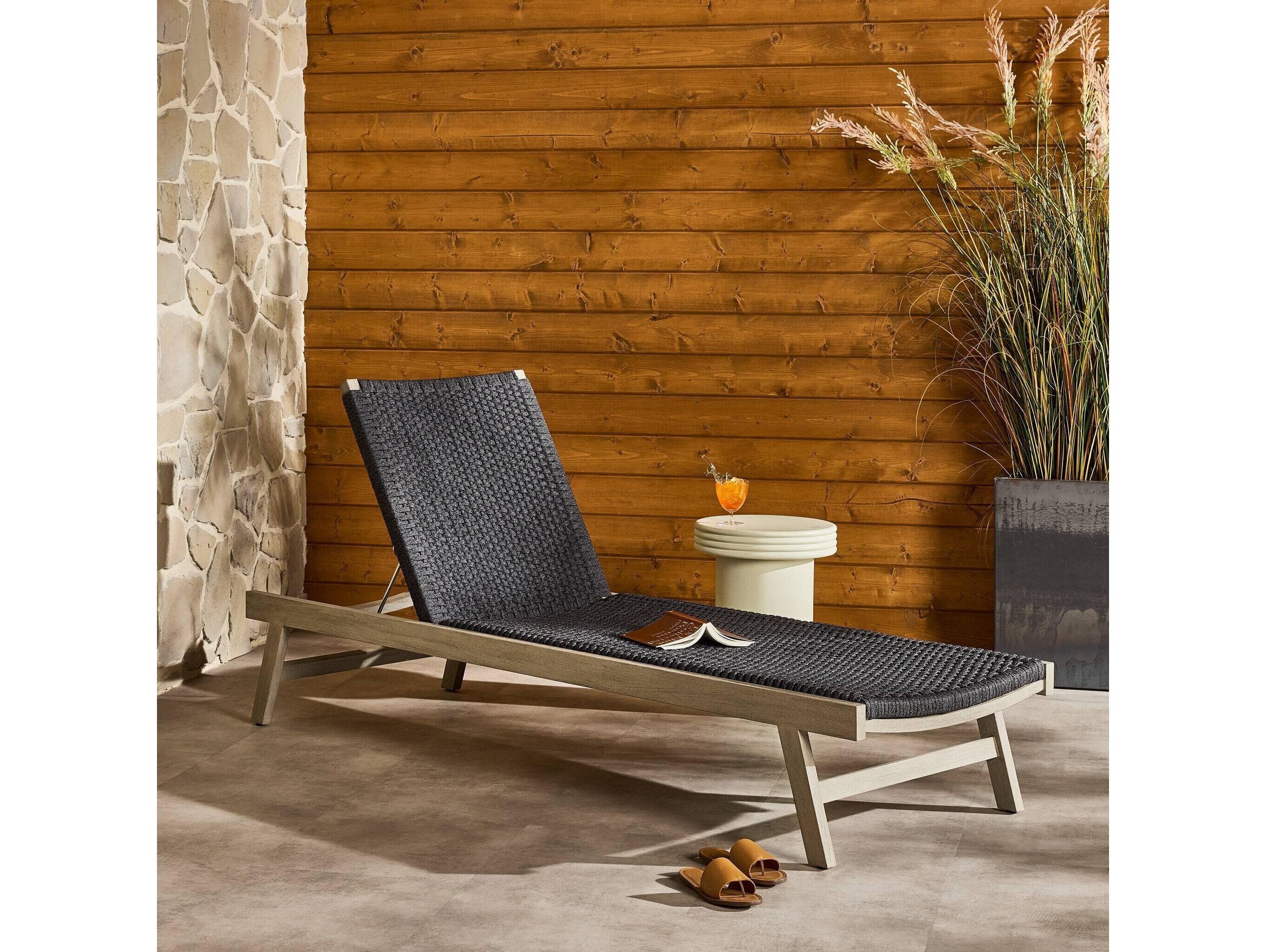 Four Hands Outdoor Solano Weathered Grey Teak / Thick Dark Grey Rope Chaise Lounge