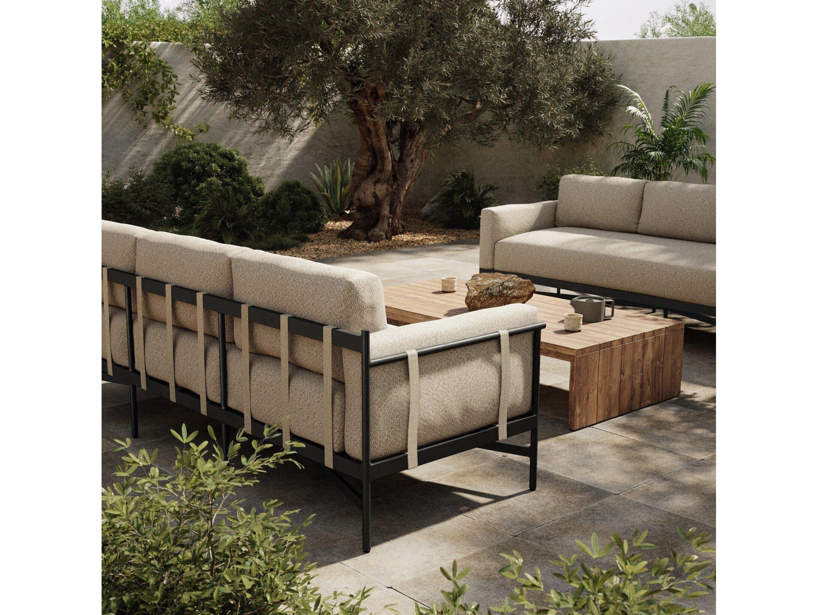 Four Hands Outdoor Solano Hearst Bronze Aluminum Cushion 99" Sofa in Faye Sand