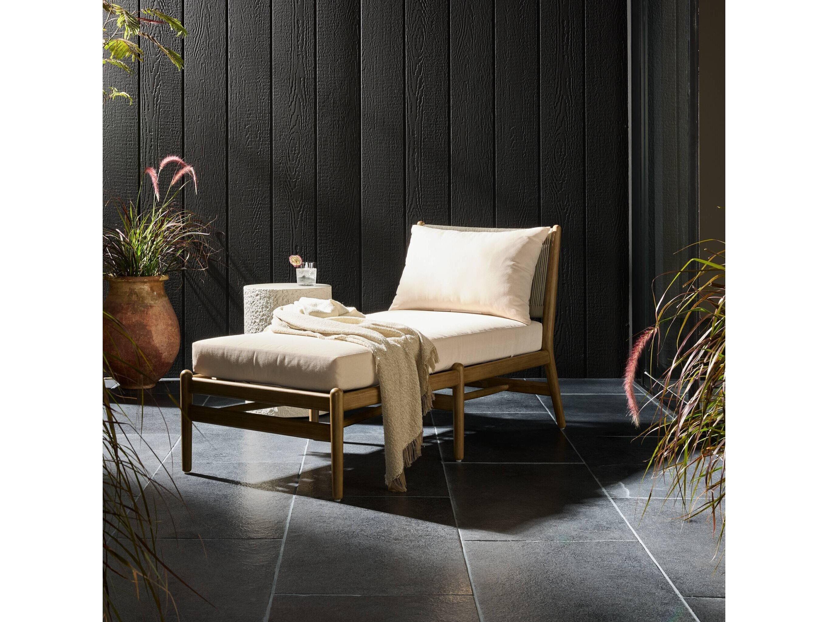 Four Hands Outdoor Halsted Rosen Natural Wood Cushion Chaise Lounge in Lakin Oat