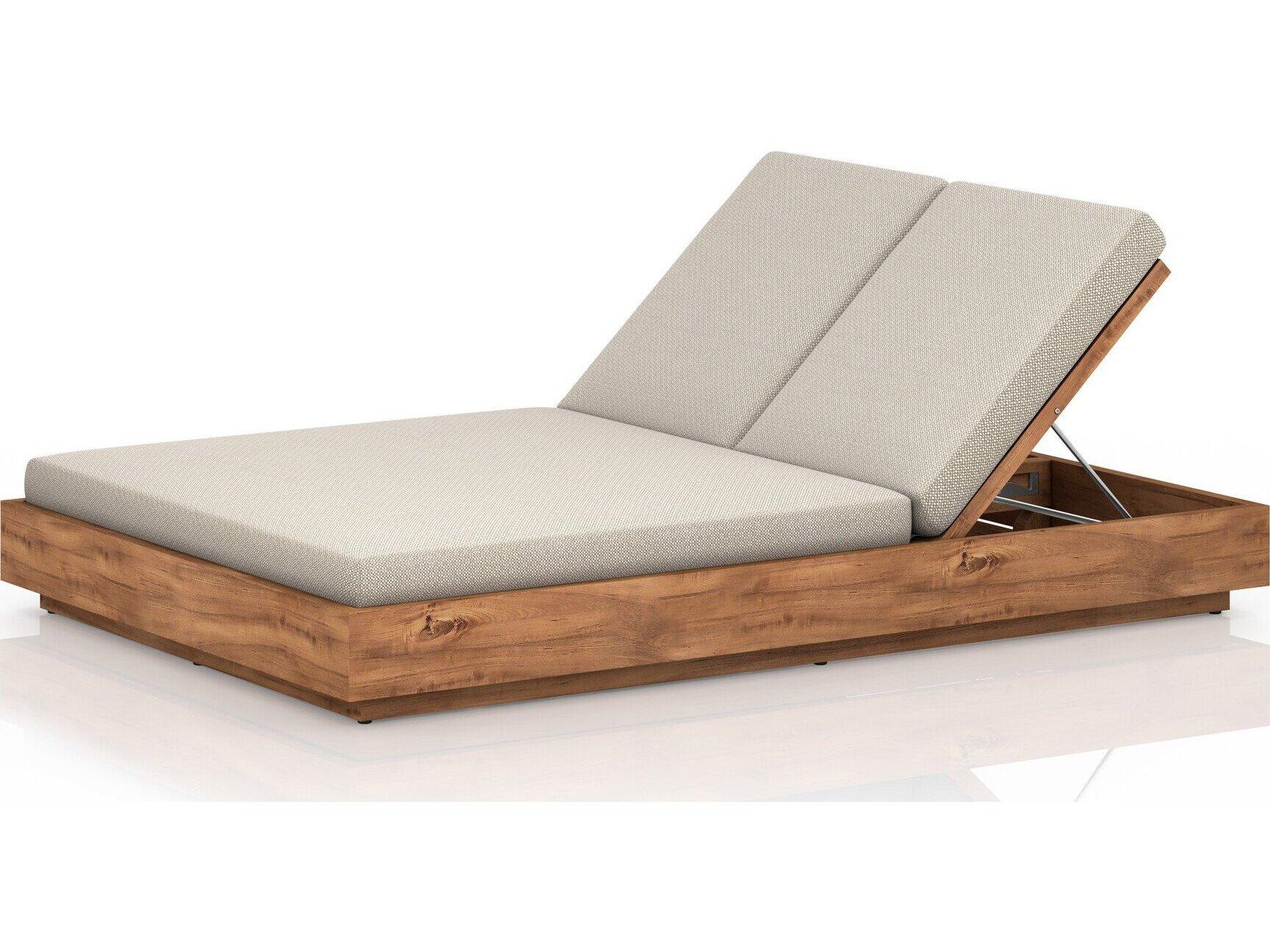 Four Hands Outdoor Solano Natural Teak Chaise Lounge with Faye Sand Cushion
