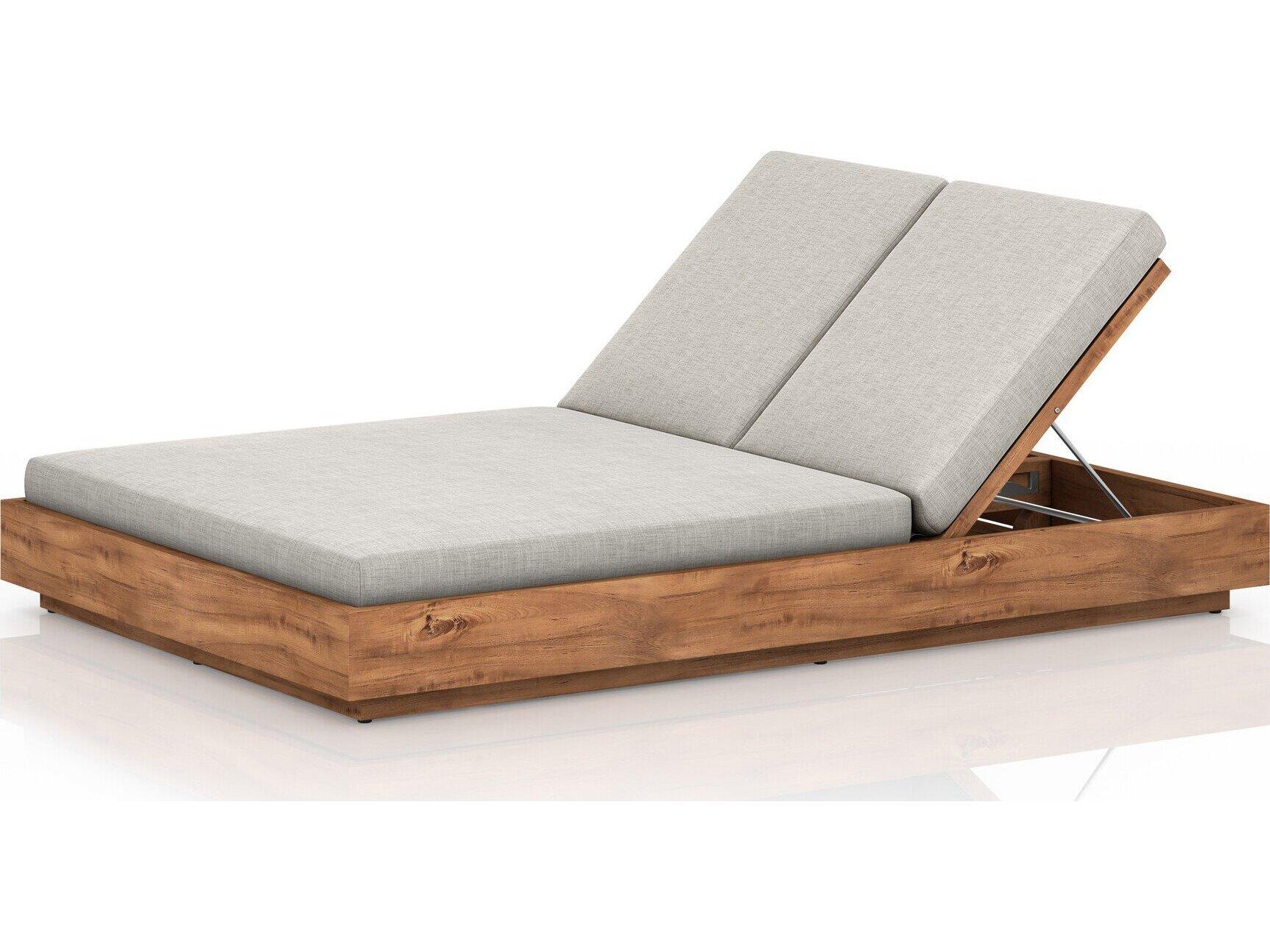 Four Hands Outdoor Solano Natural Teak Chaise Lounge with Stone Grey Cushion