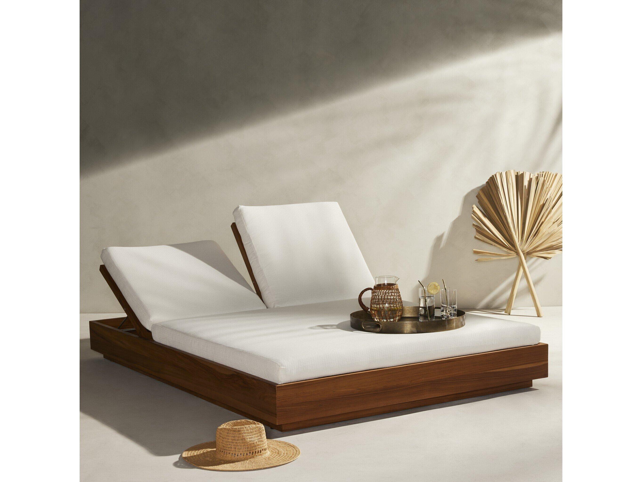 Four Hands Outdoor Solano Natural Teak Lounge Bed with Faye Cream Cushion