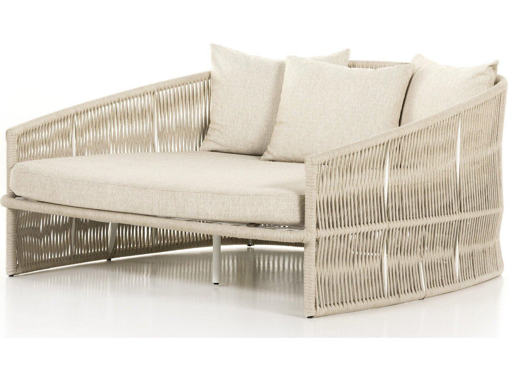 Four Hands Outdoor Solano White Aluminum / Ivory Rope Lounge Bed with Faye Sand Cushion
