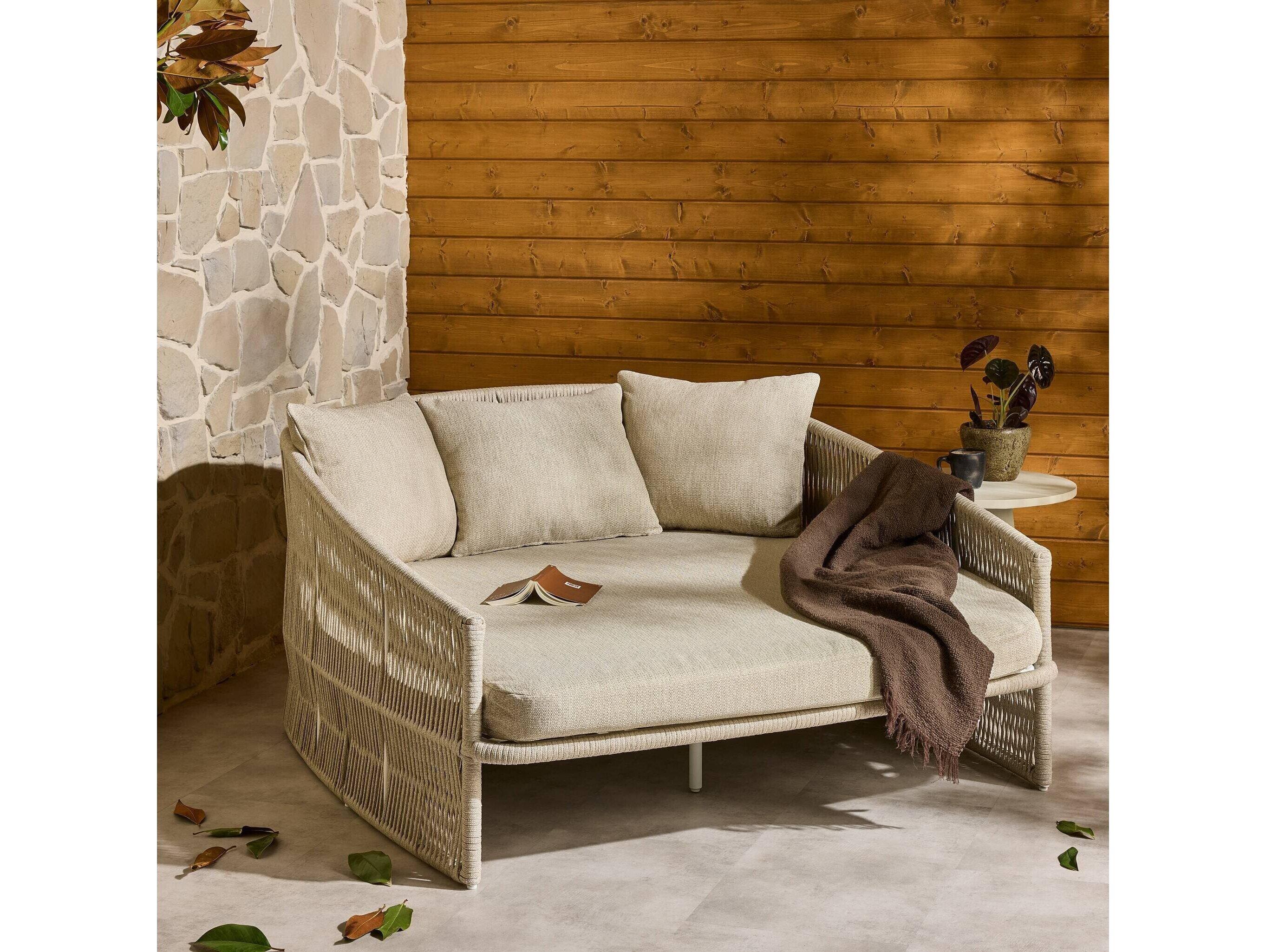 Four Hands Outdoor Solano White Aluminum / Ivory Rope Lounge Bed with Faye Sand Cushion