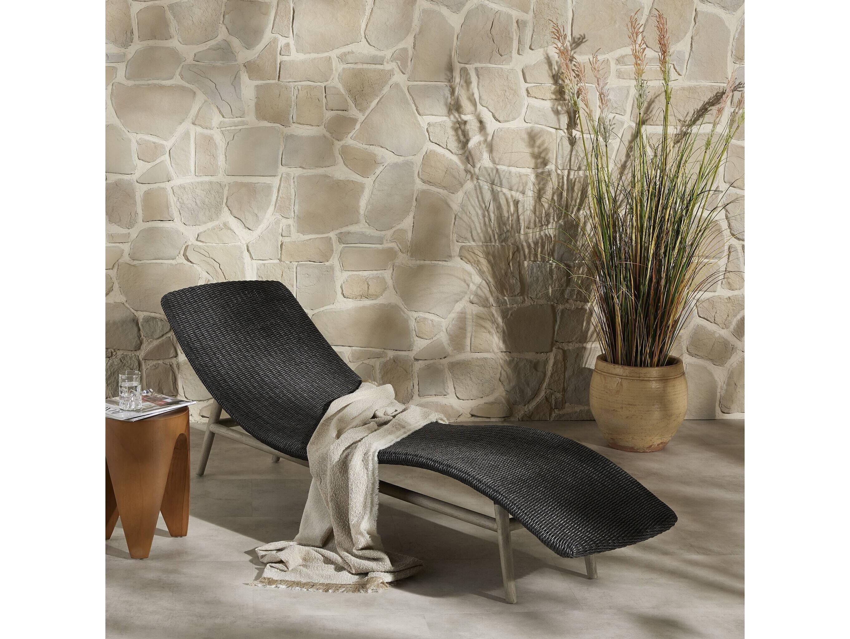 Four Hands Outdoor Grass Roots Vintage Coal Polypropylene / Weathered Grey Teak Chaise Lounge