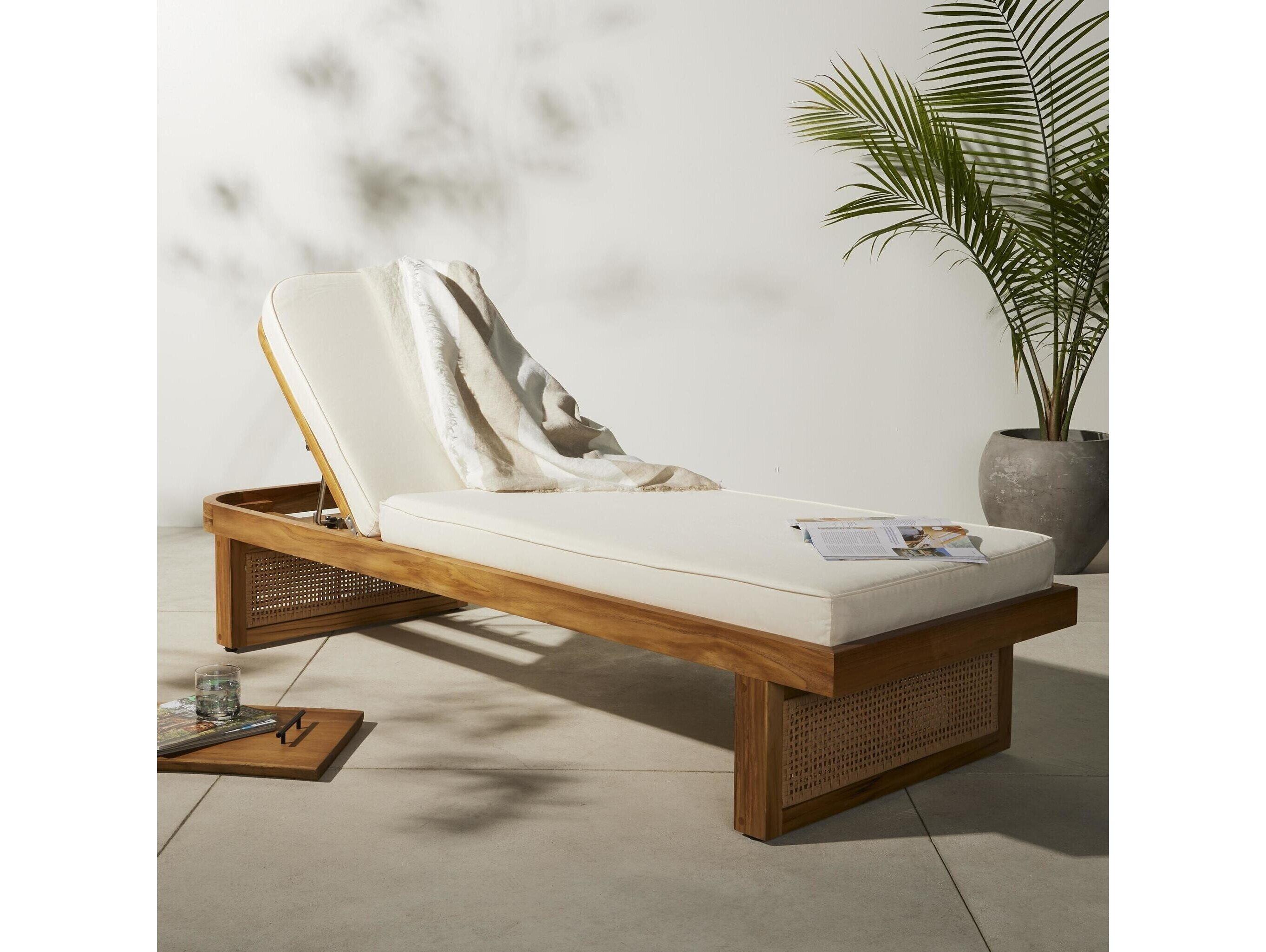 Four Hands Outdoor Duvall Natural Teak / Faux Rattan Chaise Lounge with Natural Ivory Cushion