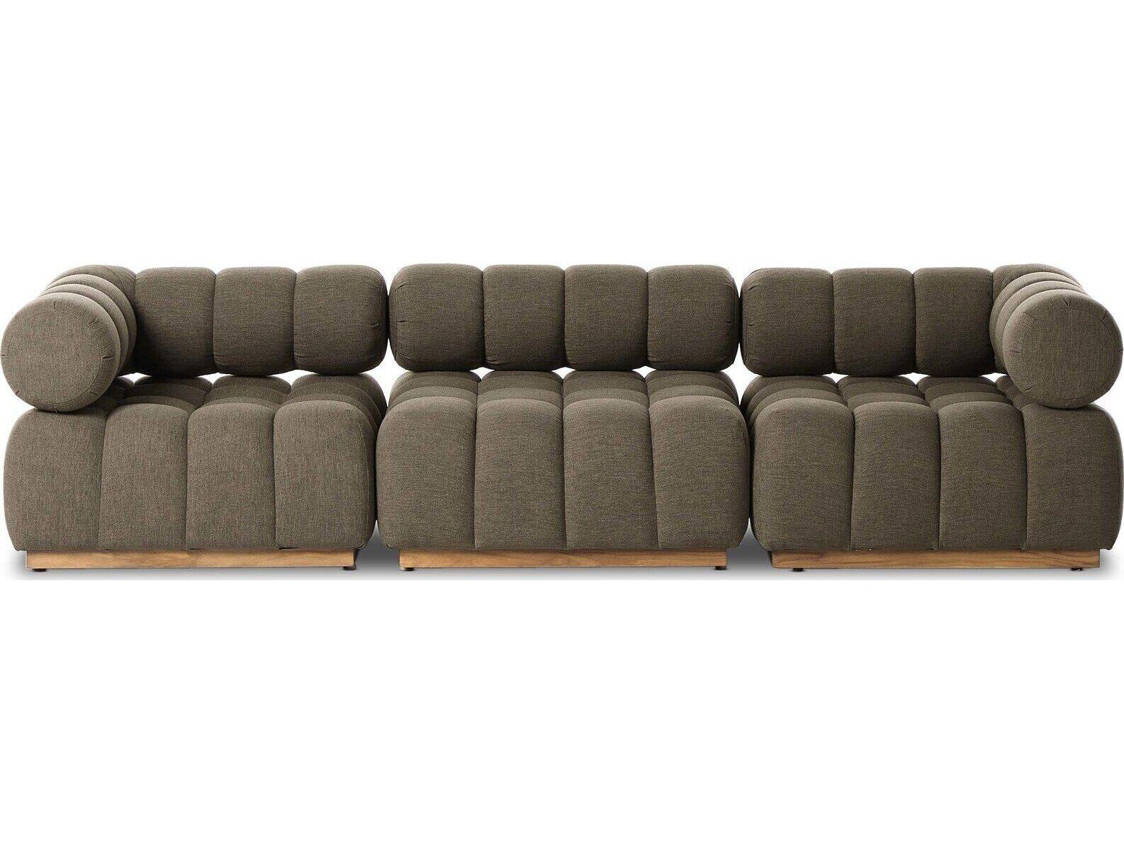 Four Hands Outdoor Solano Natural Teak Three-Piece Sectional Sofa with Alessi Fawn Cushion