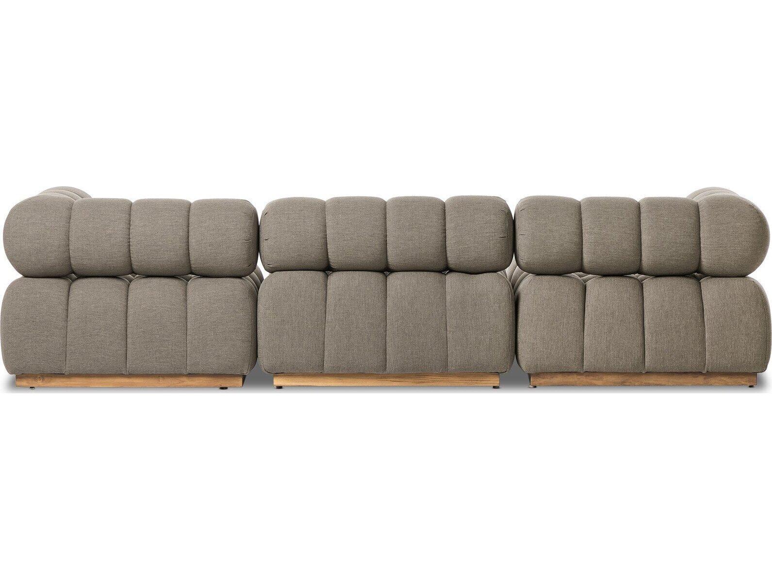 Four Hands Outdoor Solano Natural Teak Four-Piece Sectional Sofa with Alessi Fawn Cushion and Ottoman