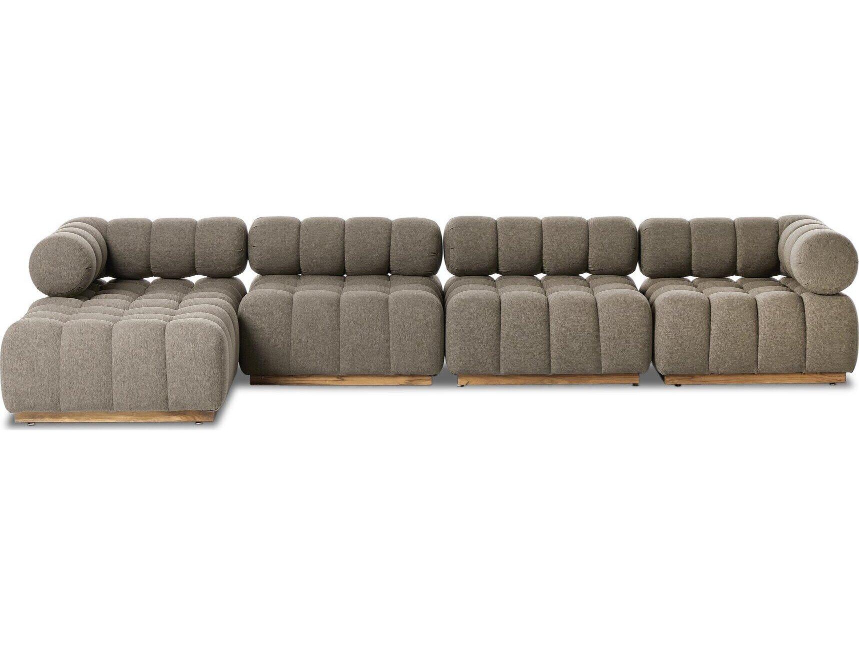 Four Hands Outdoor Solano Natural Teak Five-Piece Sectional Sofa with Alessi Fawn Cushion and Ottoman