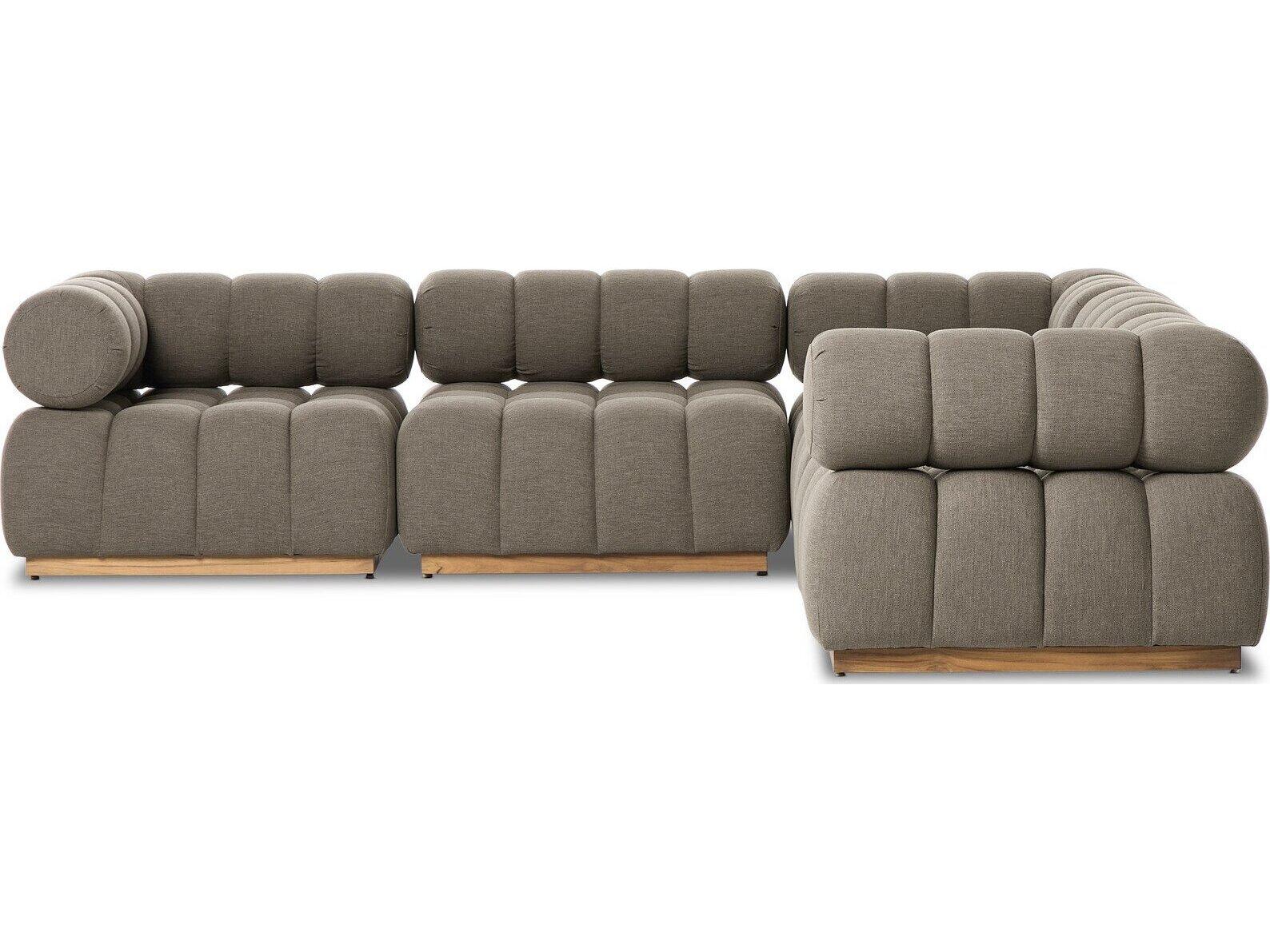 Four Hands Outdoor Solano Natural Teak Five-Piece Sectional Sofa with Alessi Fawn Cushion