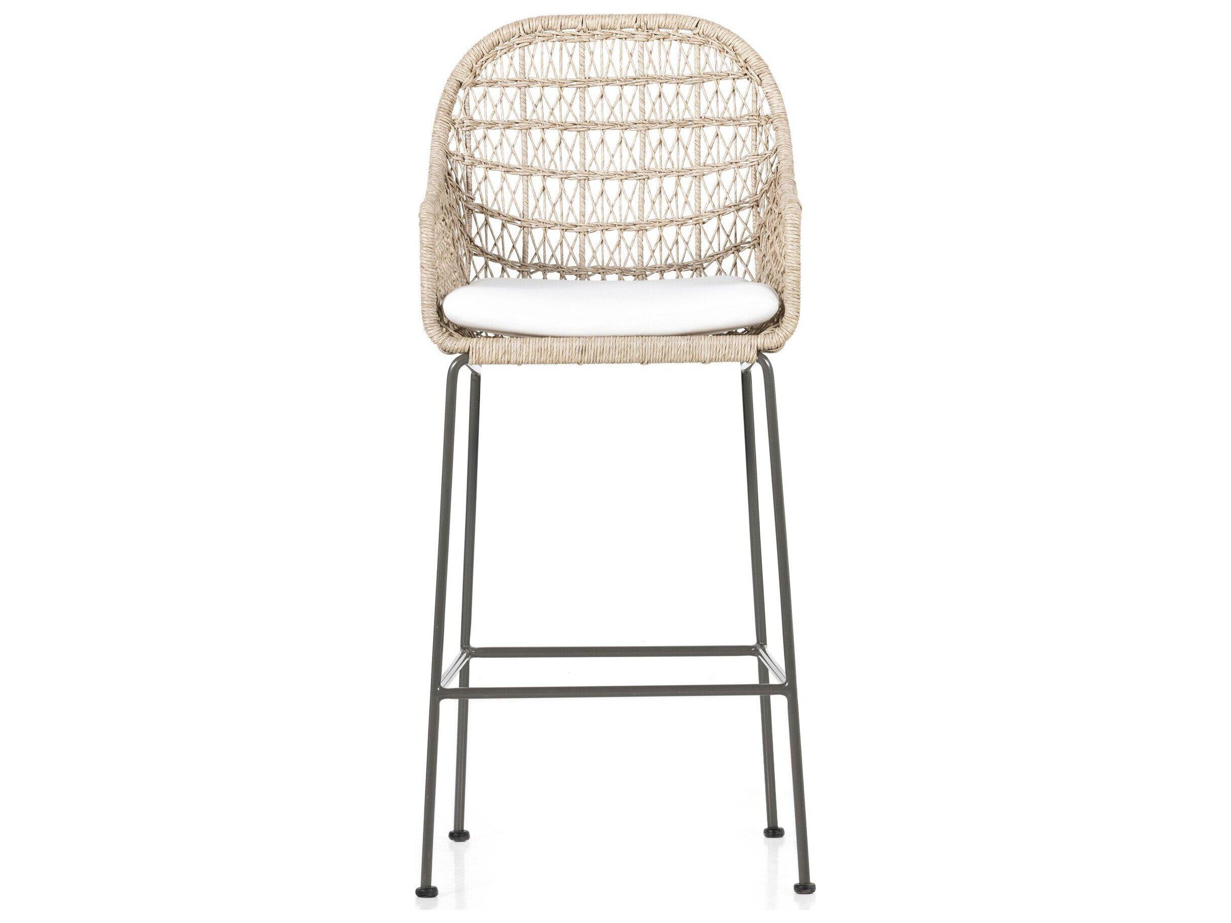 Four Hands Outdoor Grass Roots Vintage White / Grey Bronze Wrought Iron Bar Stool with Stinson White Cushion