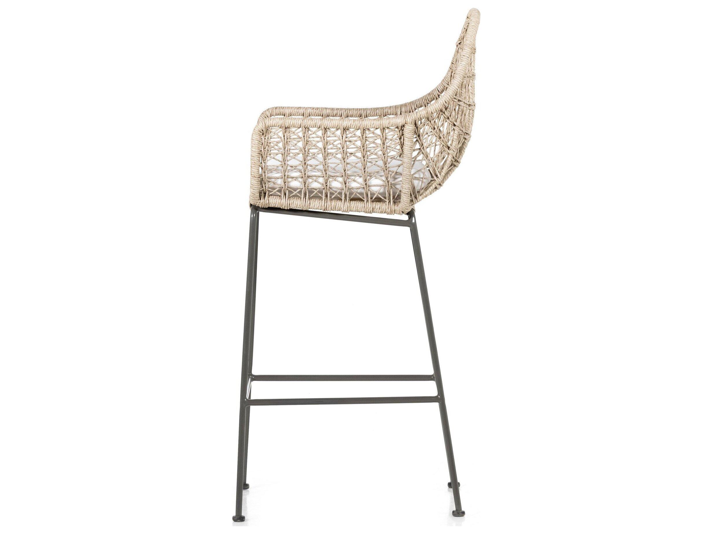 Four Hands Outdoor Grass Roots Vintage White / Grey Bronze Wrought Iron Bar Stool with Stinson White Cushion