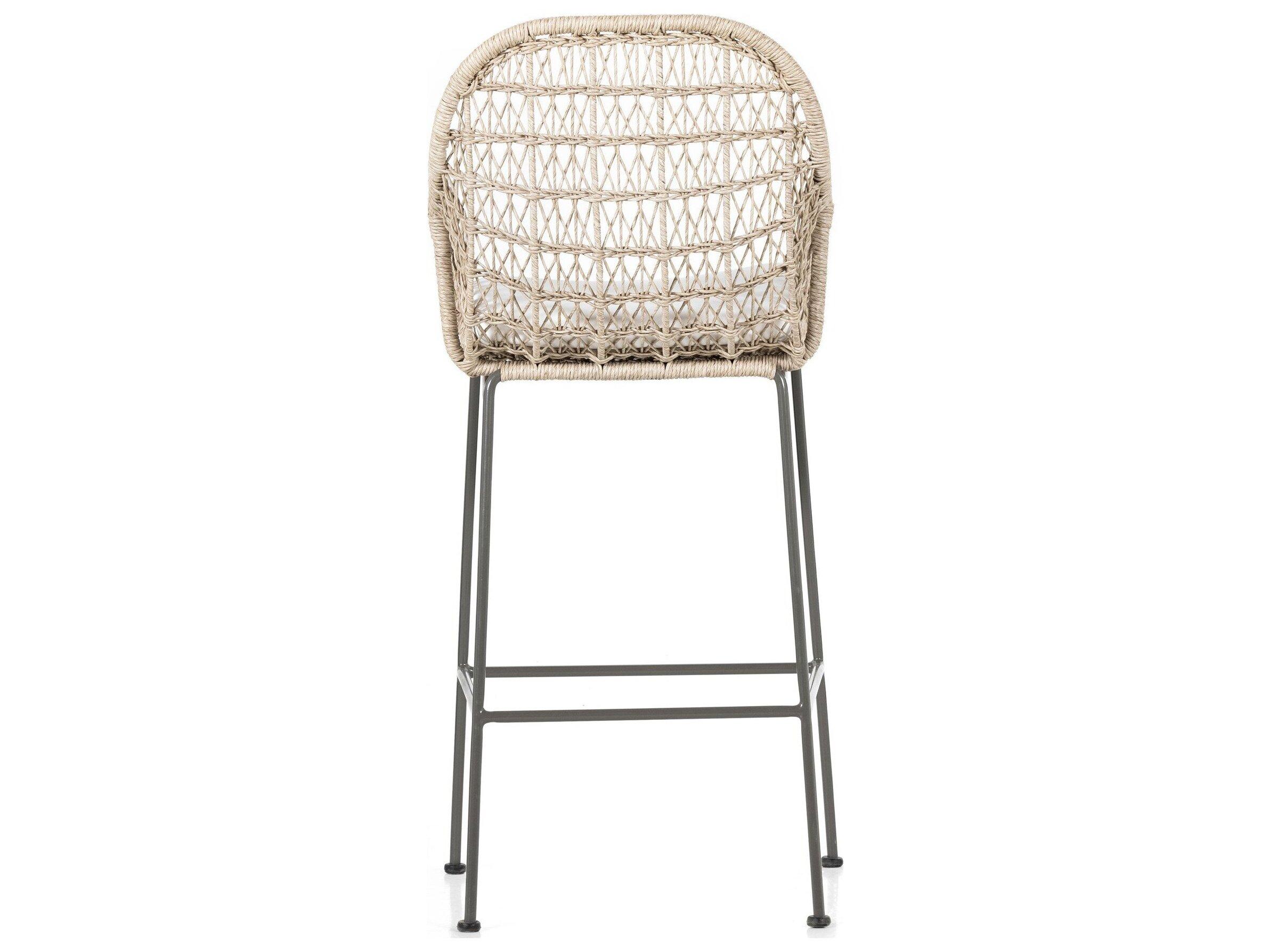 Four Hands Outdoor Grass Roots Vintage White / Grey Bronze Wrought Iron Bar Stool with Stinson White Cushion