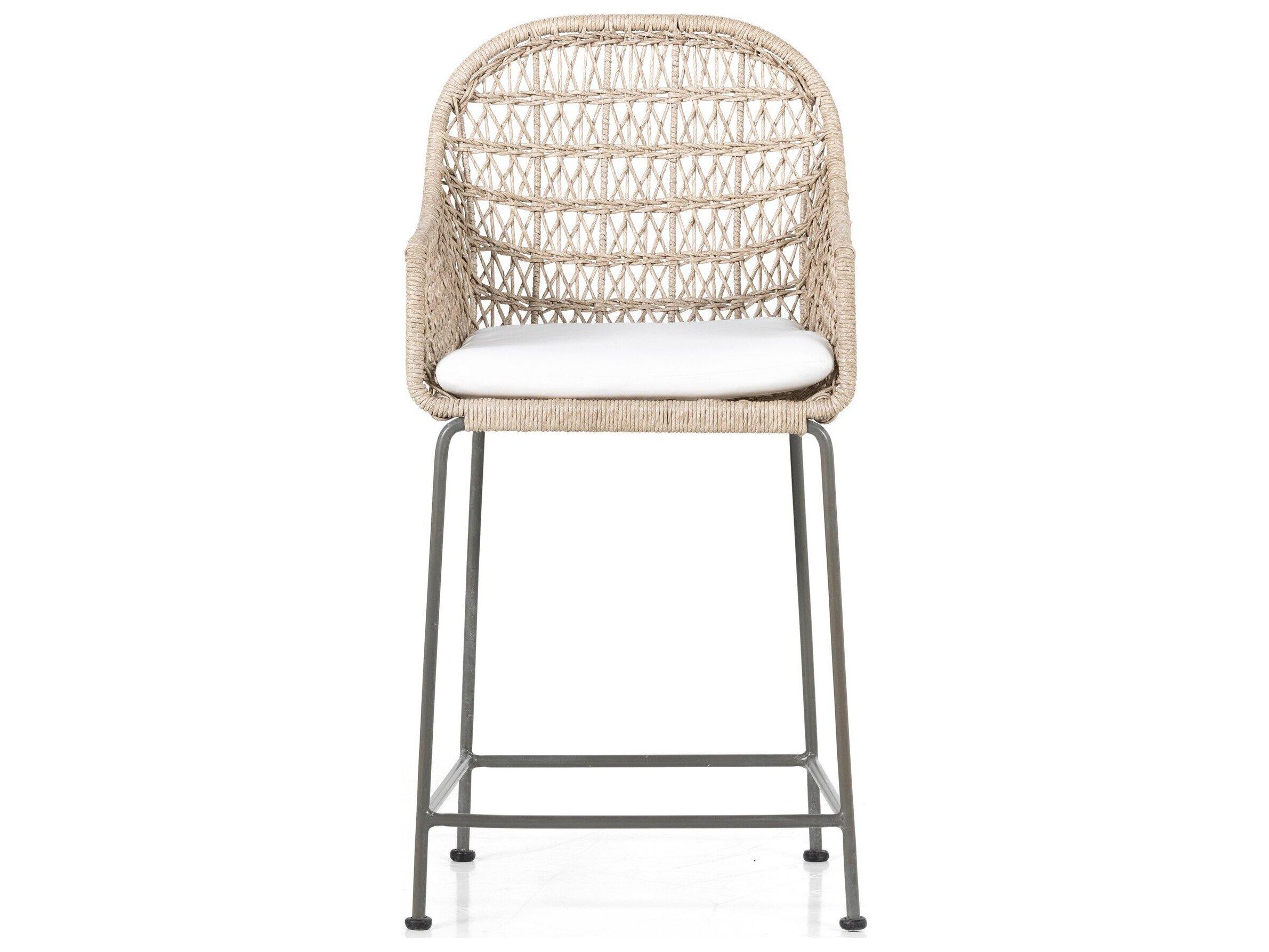 Four Hands Outdoor Grass Roots Vintage White / Grey Bronze Wrought Iron Counter Stool with Stinson White Cushion