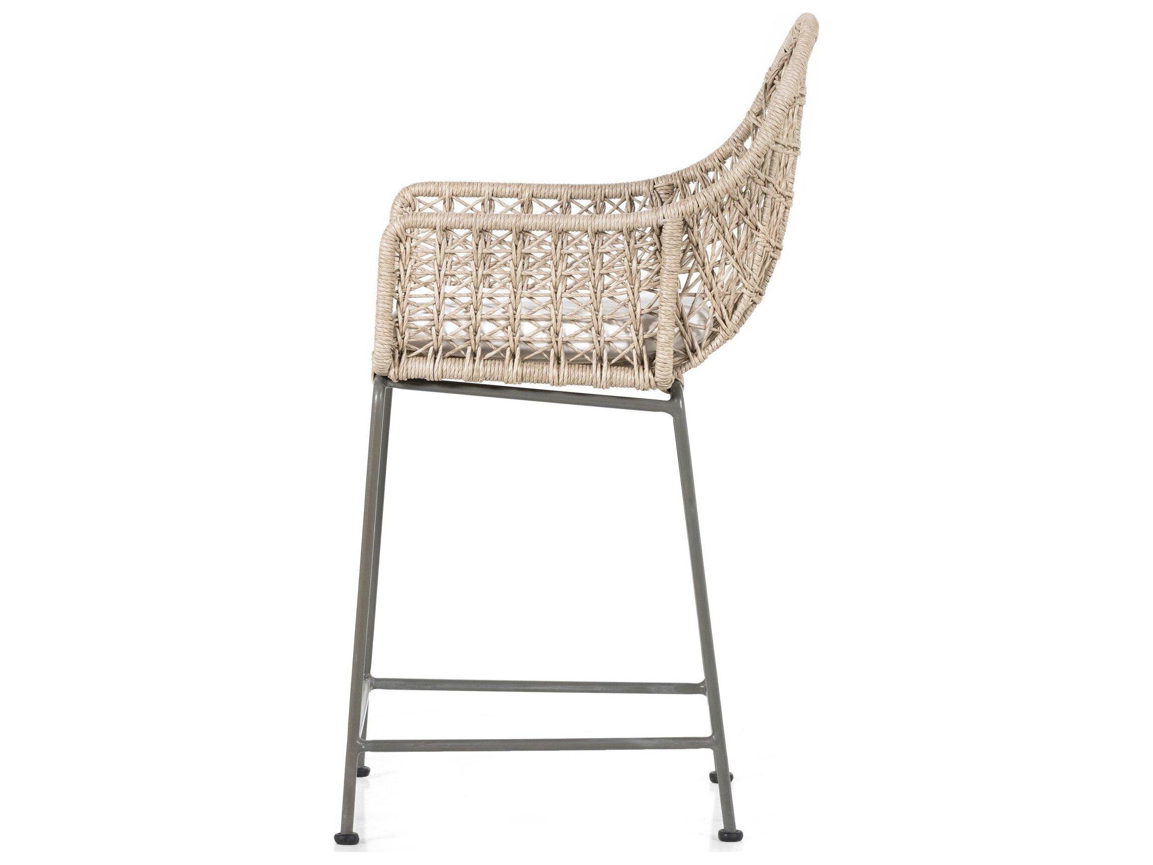 Four Hands Outdoor Grass Roots Vintage White / Grey Bronze Wrought Iron Counter Stool with Stinson White Cushion