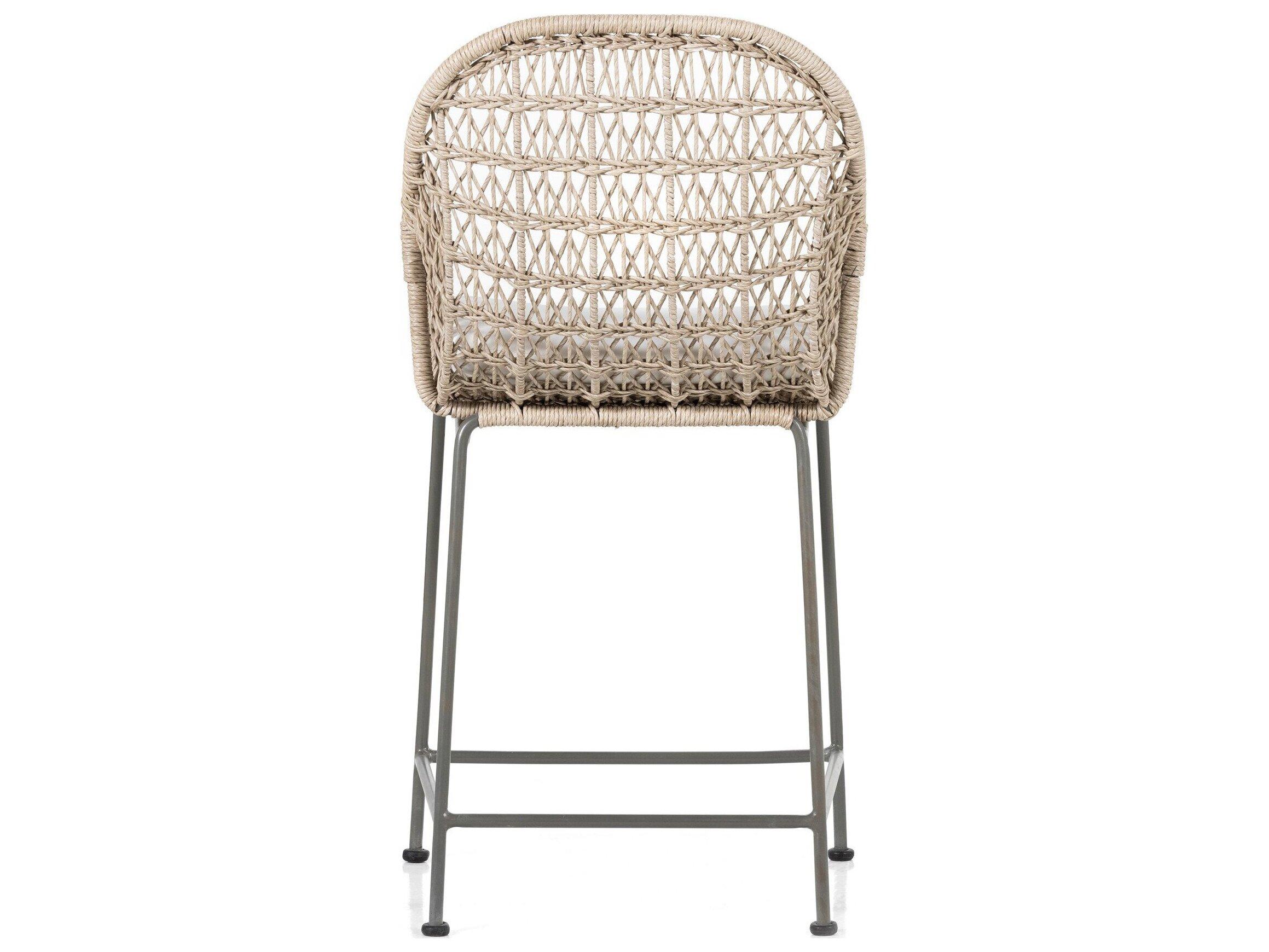 Four Hands Outdoor Grass Roots Vintage White / Grey Bronze Wrought Iron Counter Stool with Stinson White Cushion