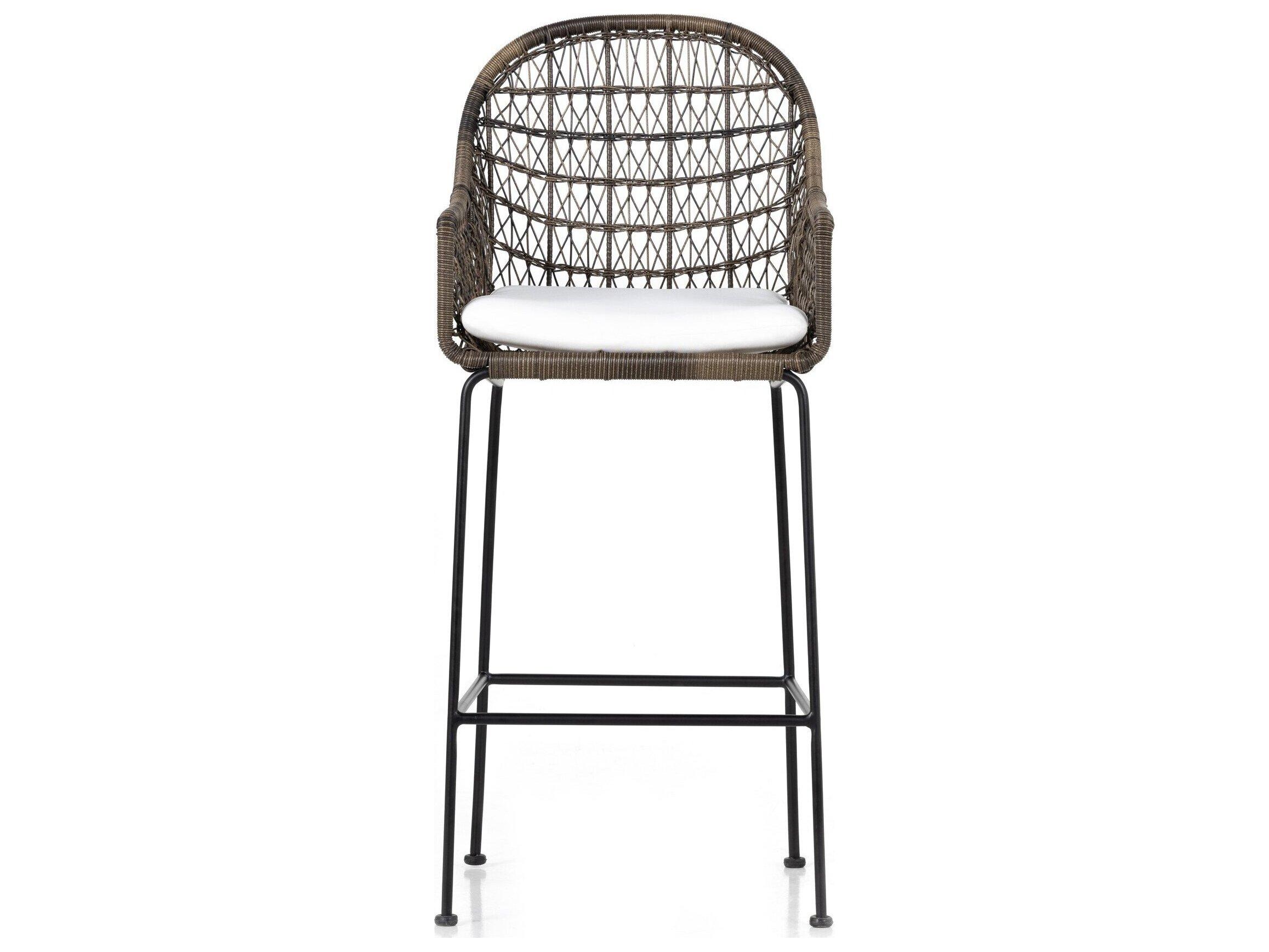 Four Hands Outdoor Grass Roots Natural Black / Distressed Grey Wrought Iron Bar Stool with Stinson White Cushion