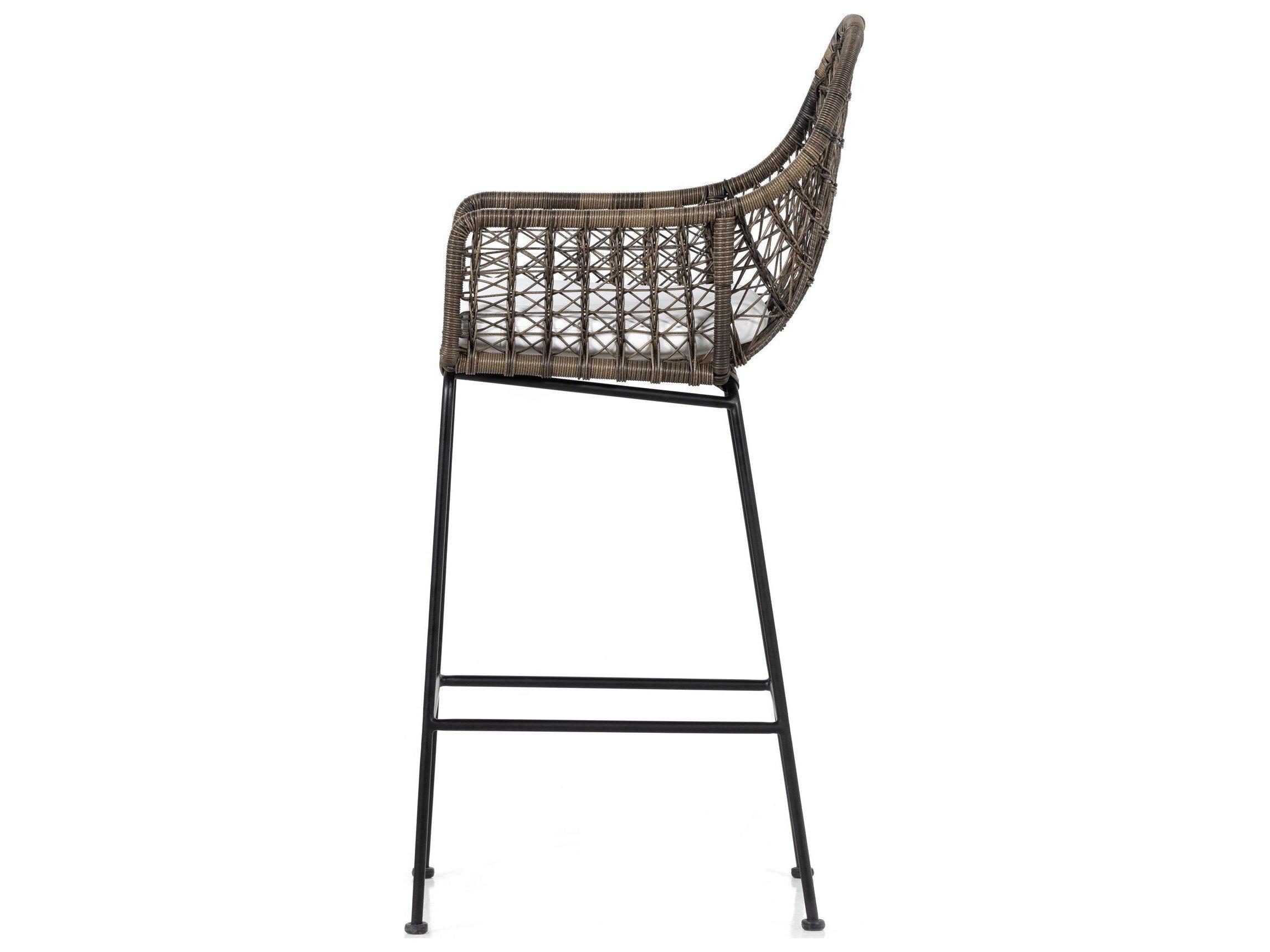 Four Hands Outdoor Grass Roots Natural Black / Distressed Grey Wrought Iron Bar Stool with Stinson White Cushion