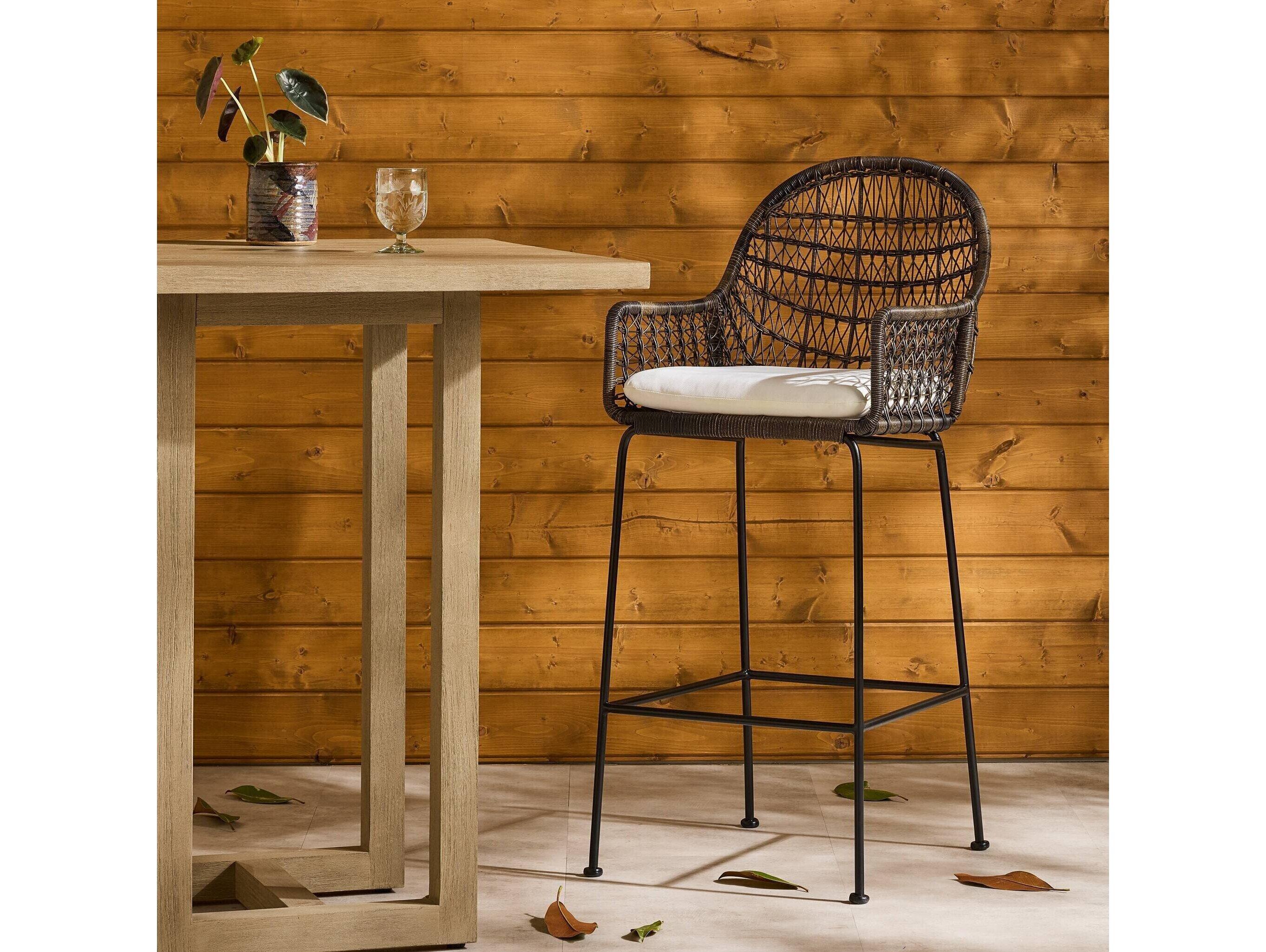 Four Hands Outdoor Grass Roots Natural Black / Distressed Grey Wrought Iron Bar Stool with Stinson White Cushion