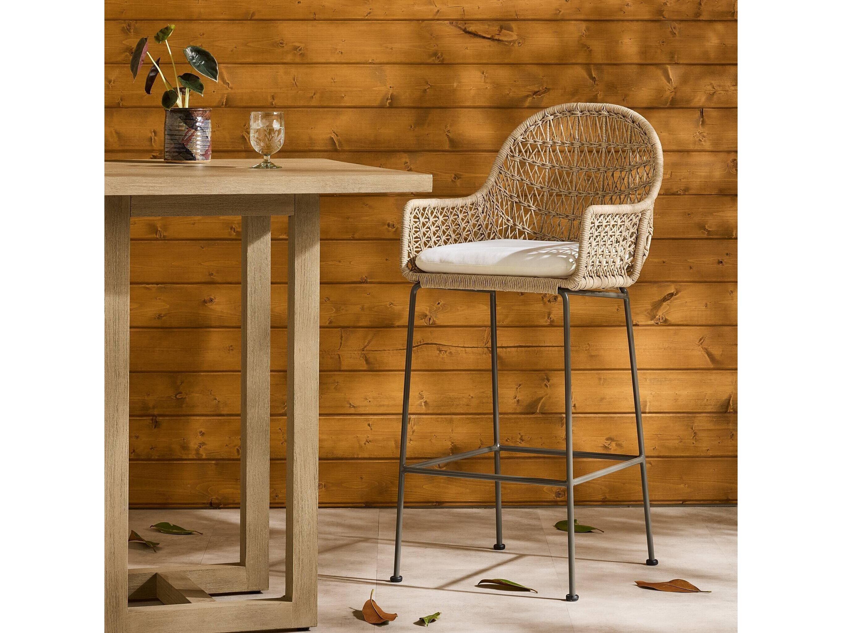 Four Hands Outdoor Grass Roots Natural Black / Distressed Grey Wrought Iron Bar Stool with Stinson White Cushion
