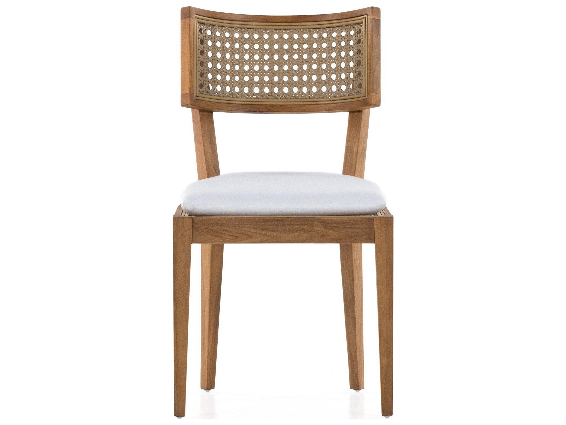 Four Hands Outdoor Grass Roots Natural Teak / Faux Rattan Dining Chair with Stinson White Cushion