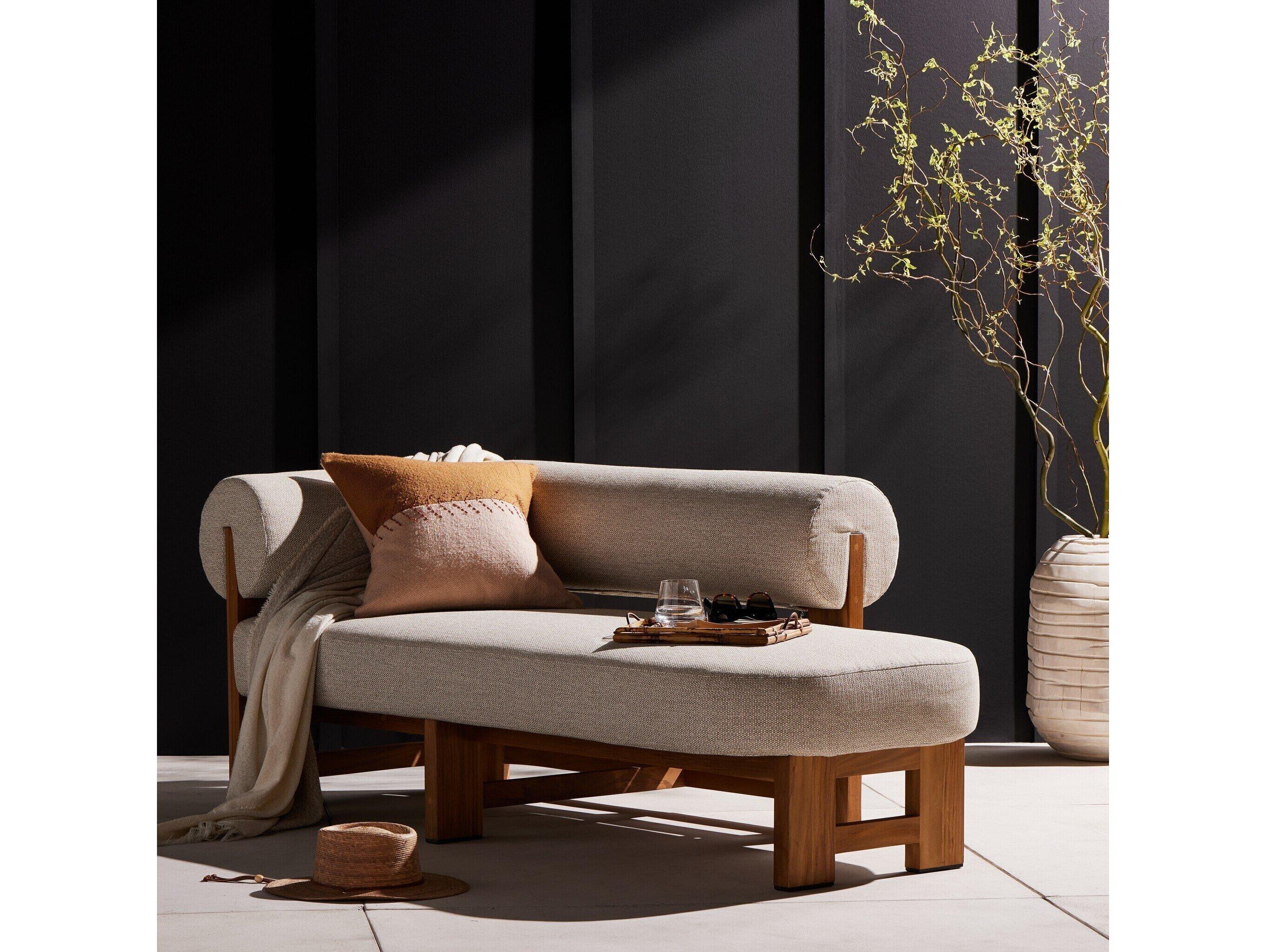 Four Hands Outdoor Solano Natural Teak Left Facing Chaise Lounge with Faye Sand Cushion