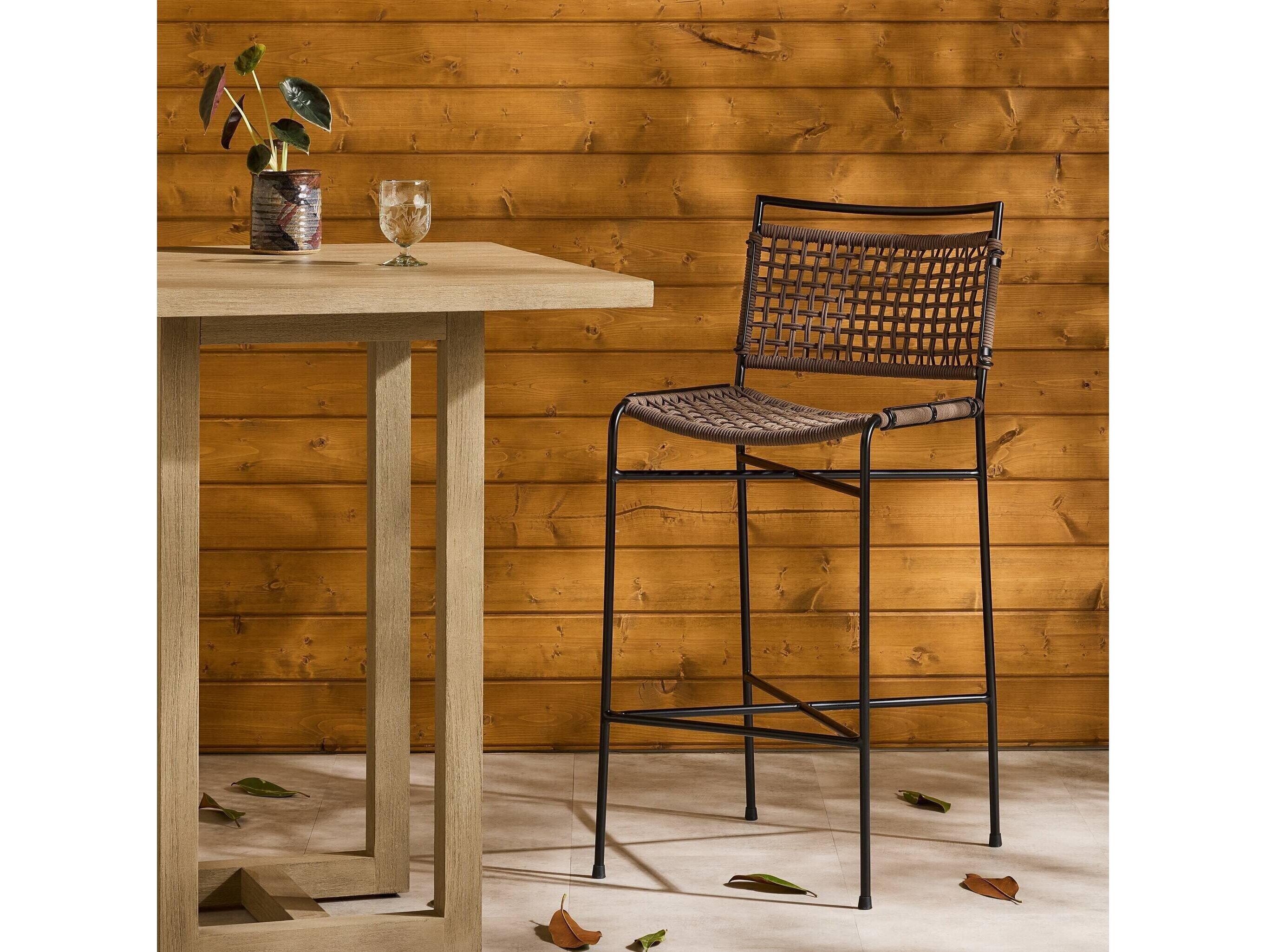Four Hands Outdoor Irondale Wharton Satin Black Iron Bar Stool in Earth Rope