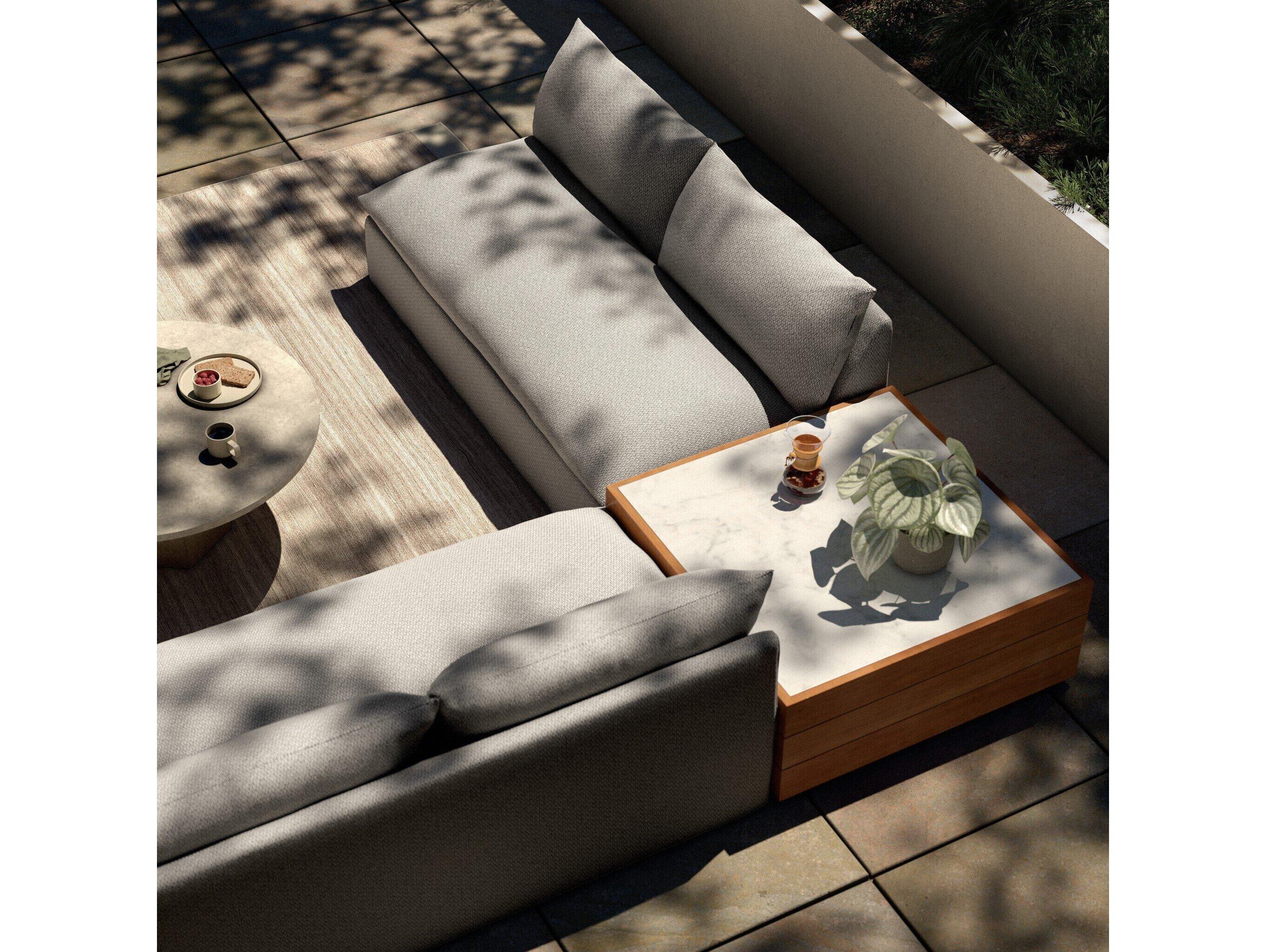 Four Hands Outdoor Solano Natural Teak / White Marble Sectional Sofa with Faye Ash Cushion