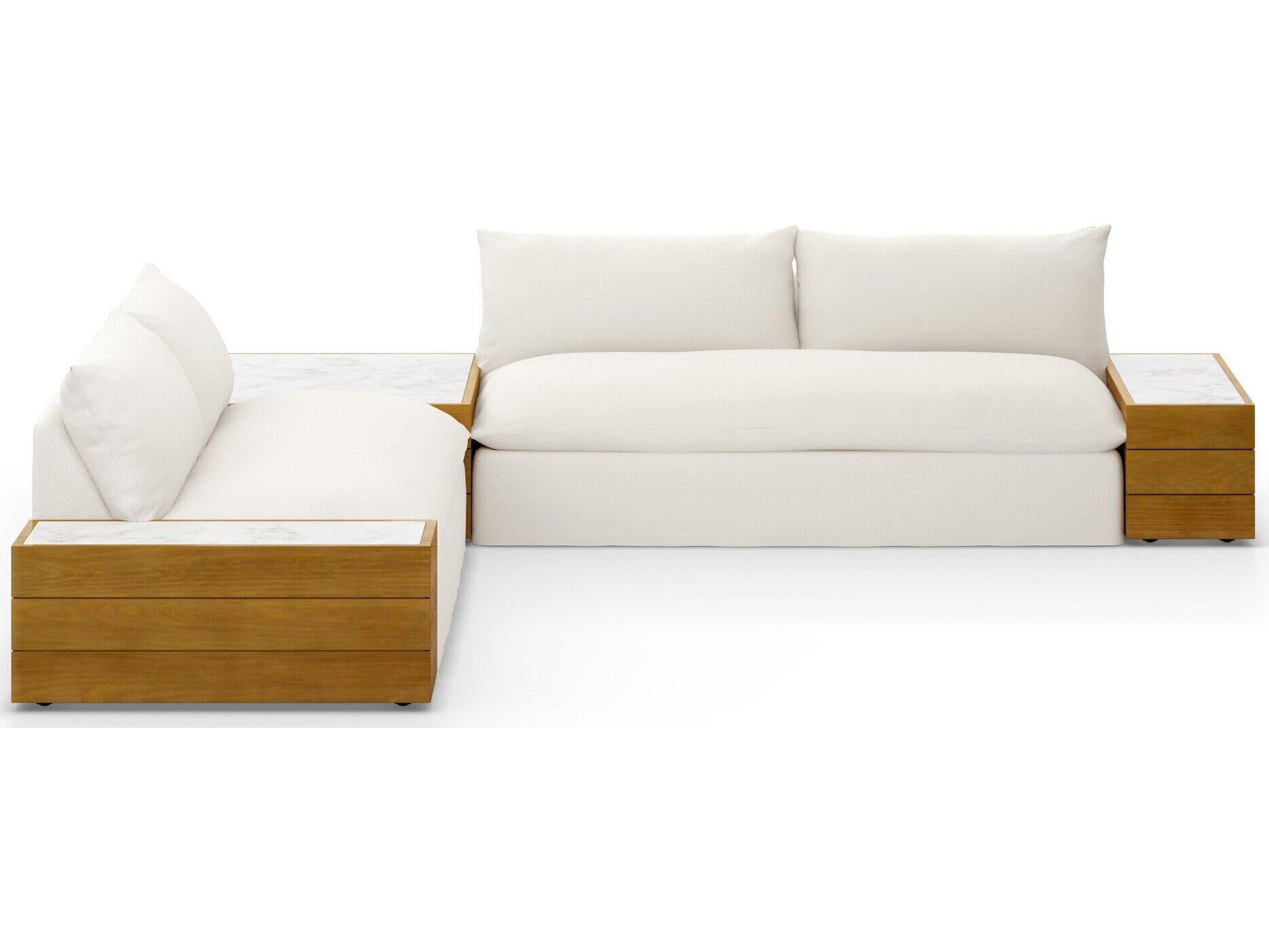 Four Hands Outdoor Solano Natural Teak / White Marble Sectional Sofa with Faye Cream Cushion