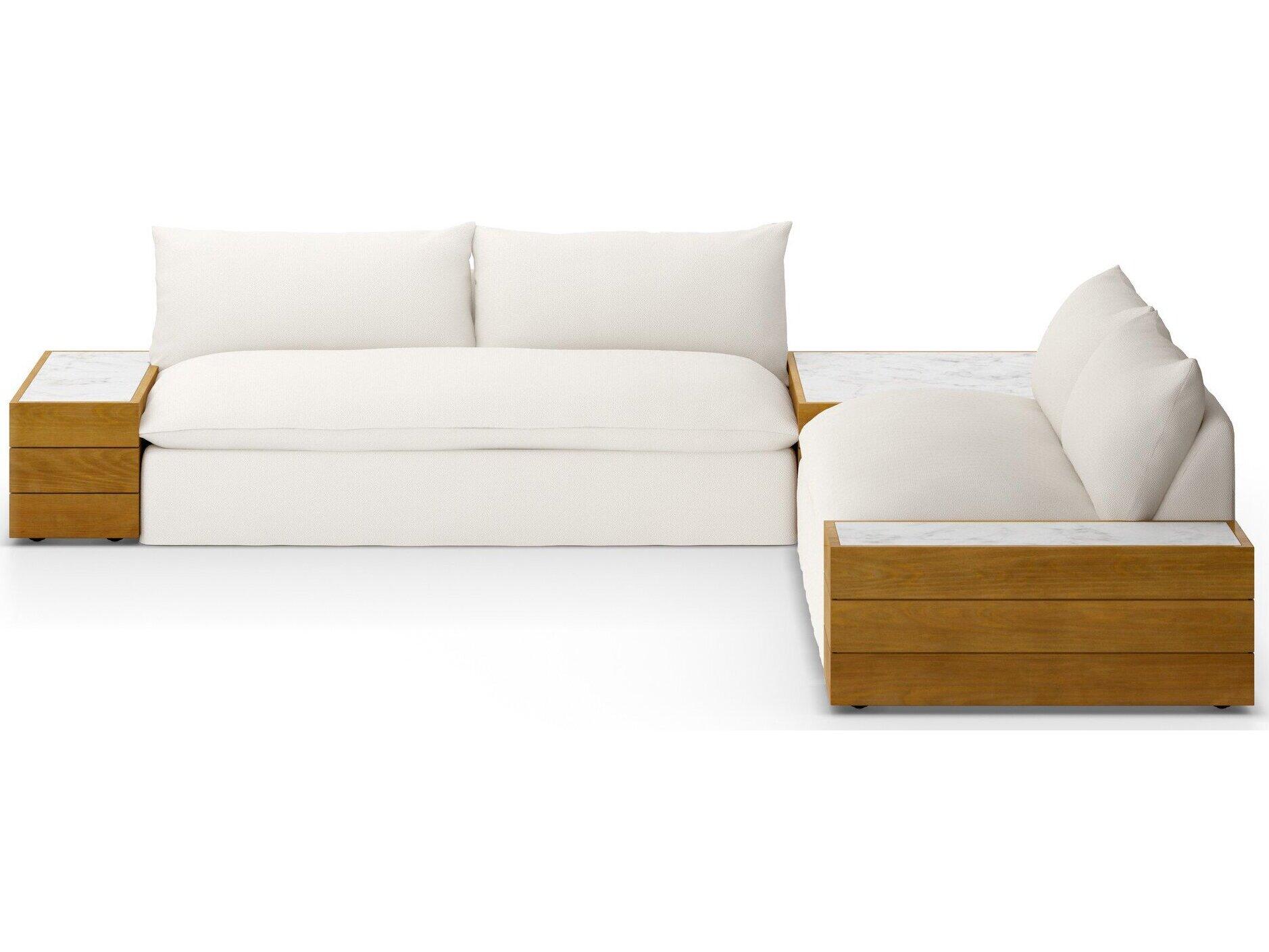 Four Hands Outdoor Solano Natural Teak / White Marble Sectional Sofa with Faye Cream Cushion