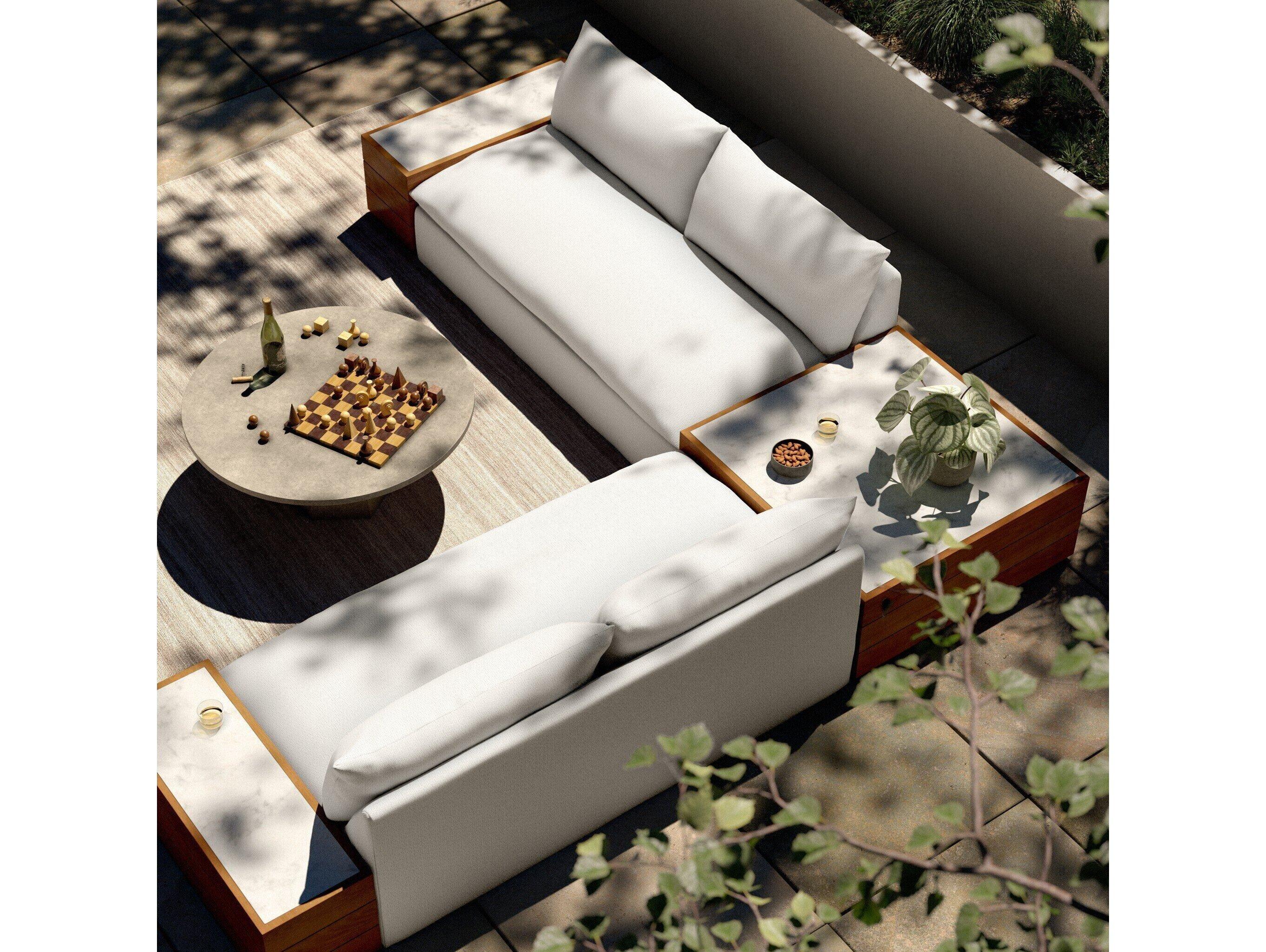 Four Hands Outdoor Solano Natural Teak / White Marble Sectional Sofa with Faye Cream Cushion