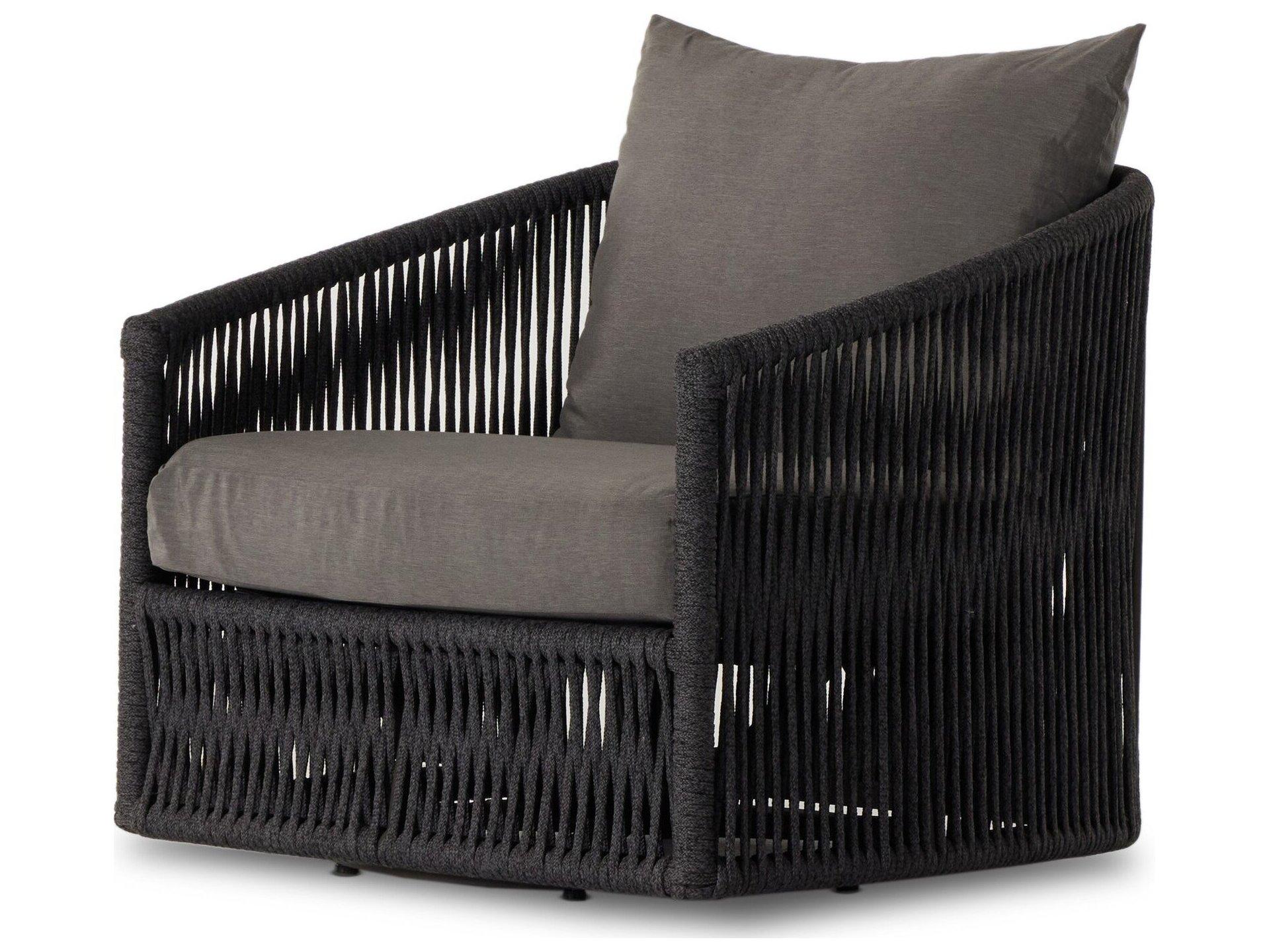 Four Hands Outdoor Solano Bronze / Thick Dark Grey Rope Swivel Lounge Chair with Venao Charcoal Cushion