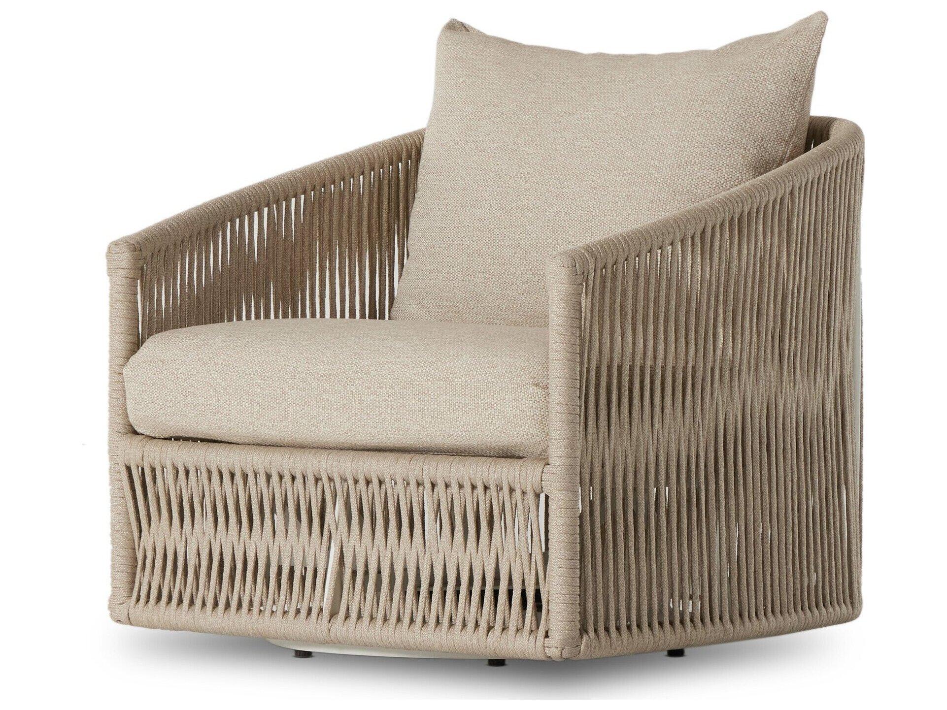 Four Hands Outdoor Solano White Aluminum / Ivory Rope Swivel Lounge Chair with Faye Sand Cushion