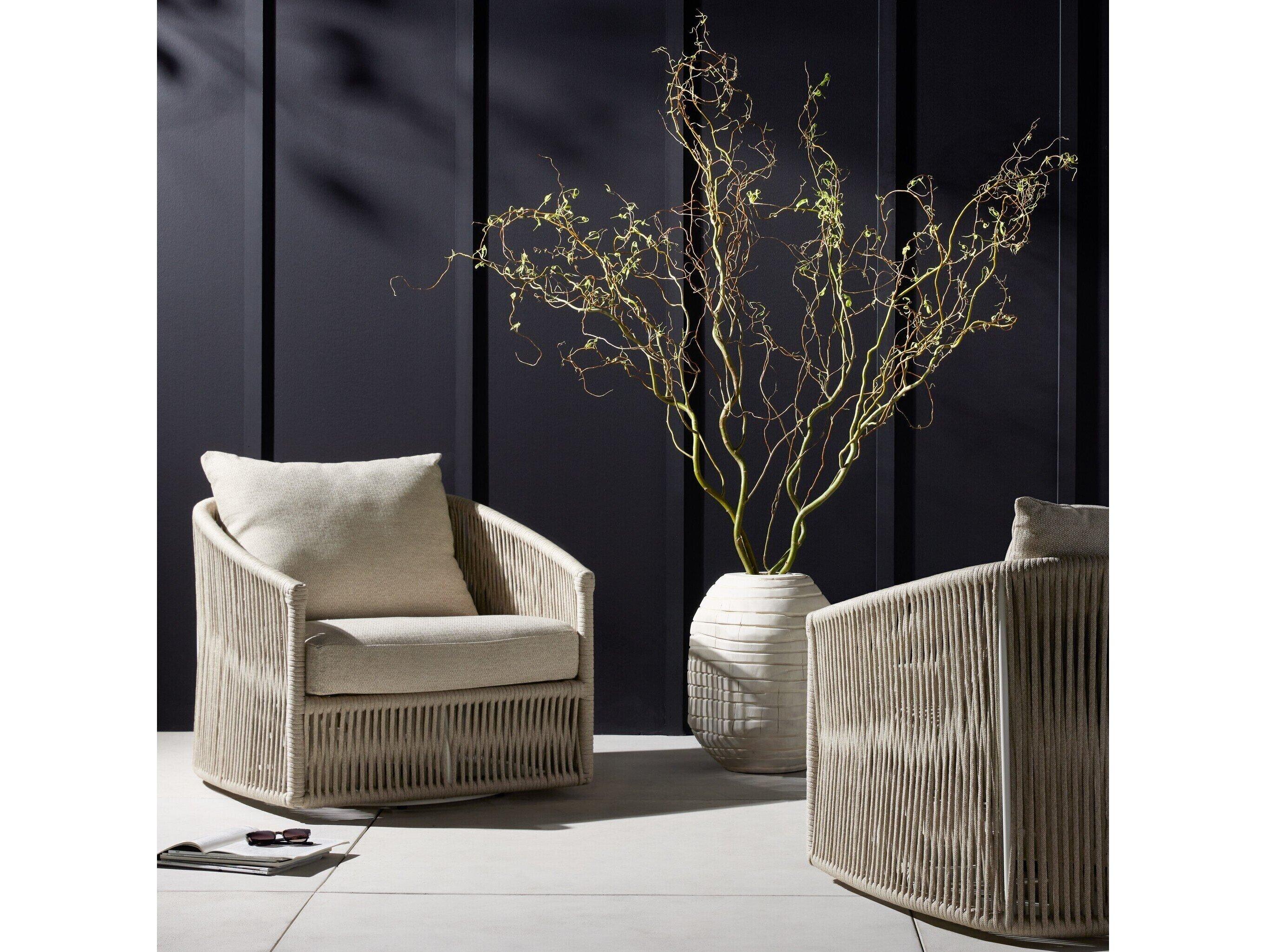 Four Hands Outdoor Solano White Aluminum / Ivory Rope Swivel Lounge Chair with Faye Sand Cushion