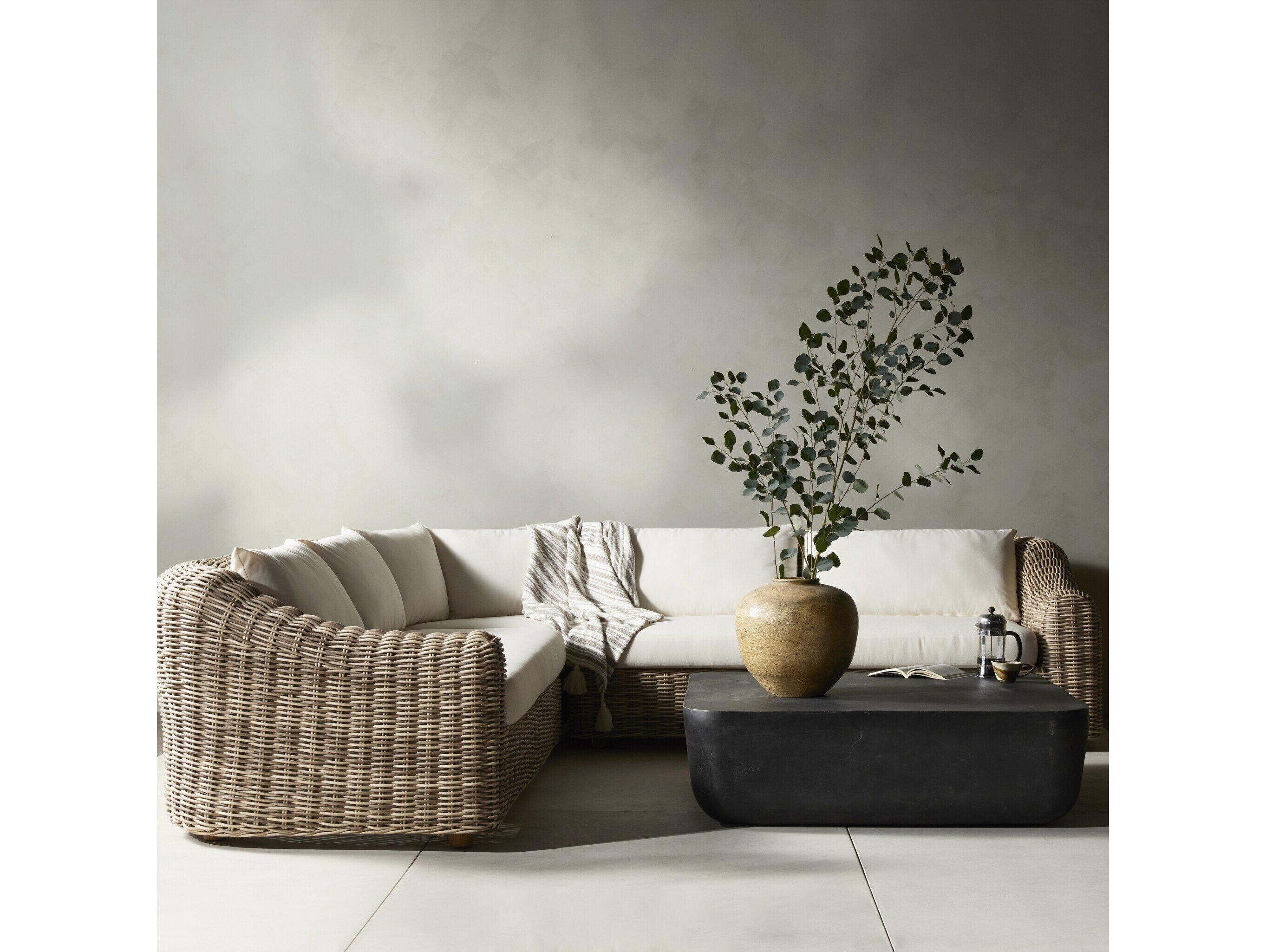 Four Hands Outdoor Pembrook Venao Ivory / Natural Teak / Chunky Sand Woven Sectional Sofa