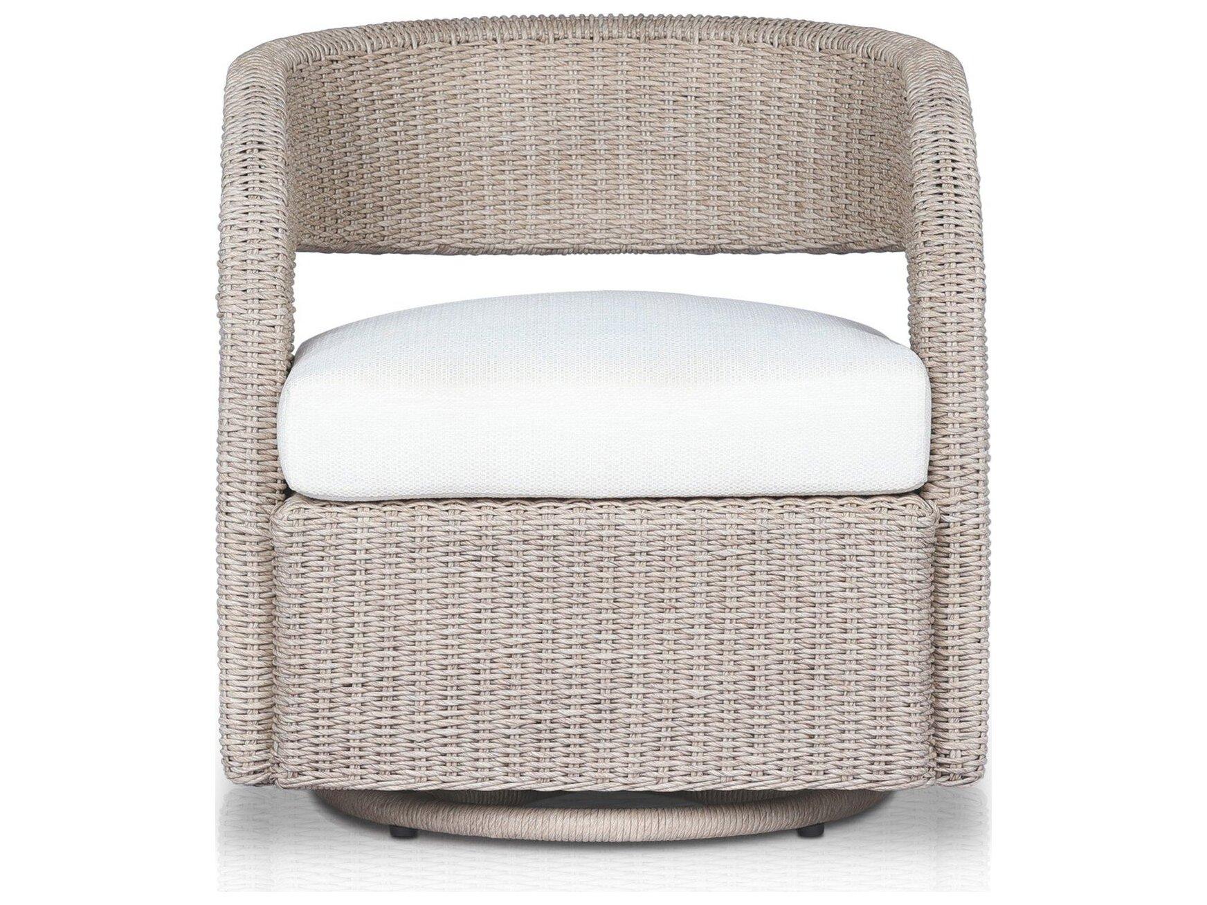 Four Hands Outdoor Providence Hawkins Vintage White Wicker Cushion Swivel Chair in Faye Cream