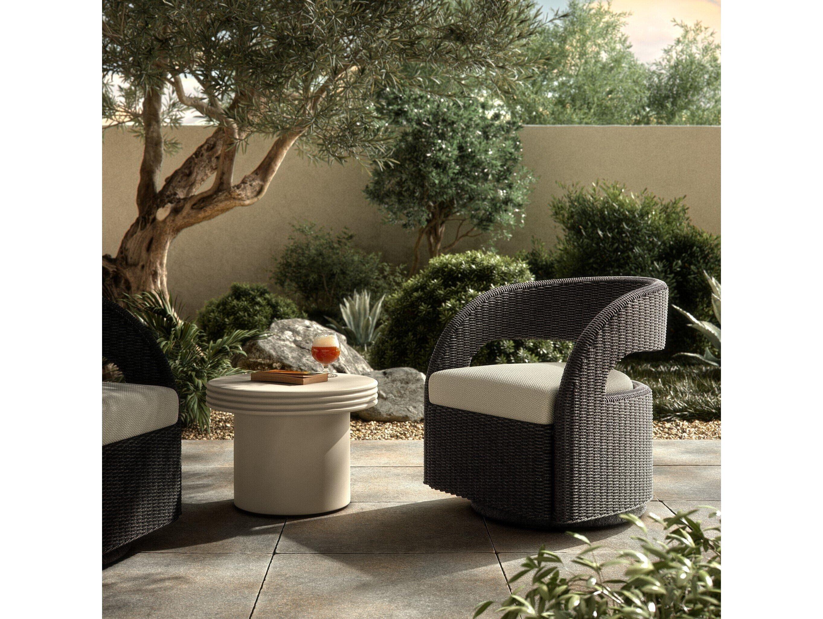 Four Hands Outdoor Providence Hawkins Vintage Coal Wicker Cushion Swivel Chair in Faye Cream