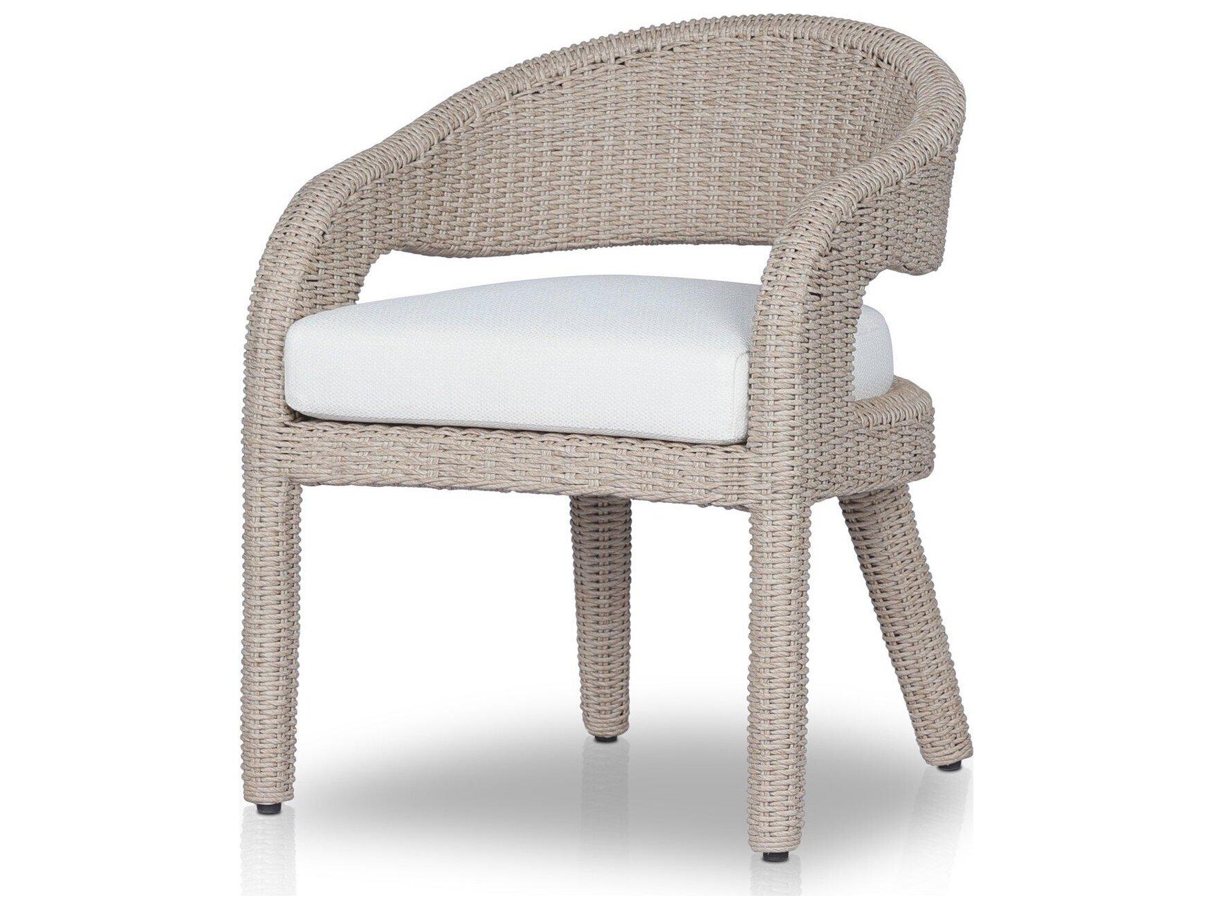 Four Hands Outdoor Providence Hawkins Vintage White Wicker Cushion Dining Arm  Chair in Faye Cream
