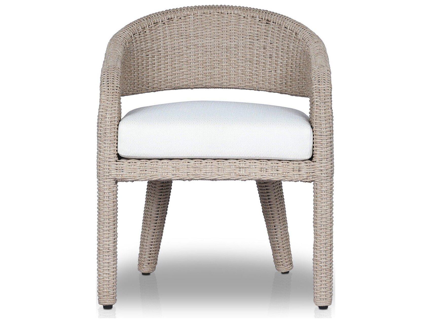 Four Hands Outdoor Providence Hawkins Vintage White Wicker Cushion Dining Arm  Chair in Faye Cream