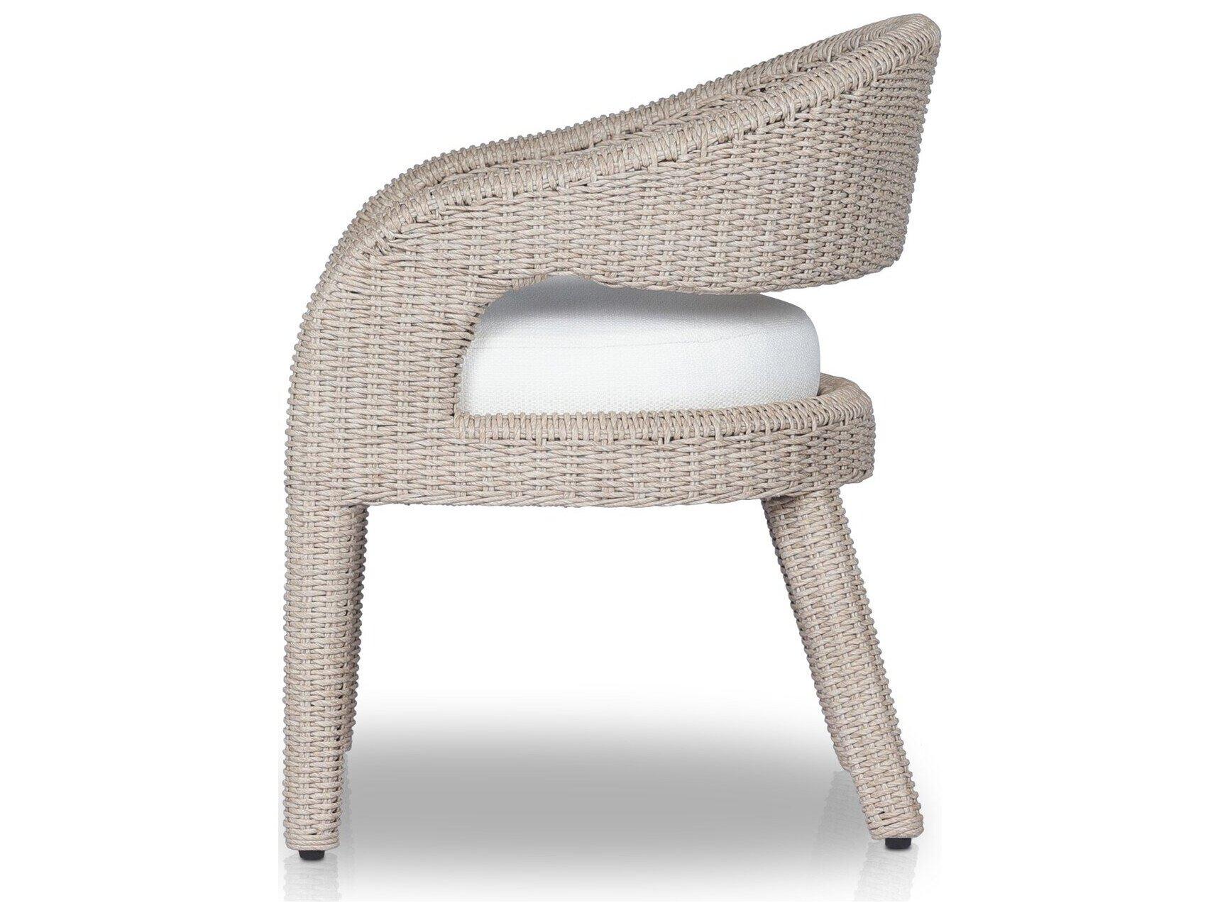 Four Hands Outdoor Providence Hawkins Vintage White Wicker Cushion Dining Arm  Chair in Faye Cream