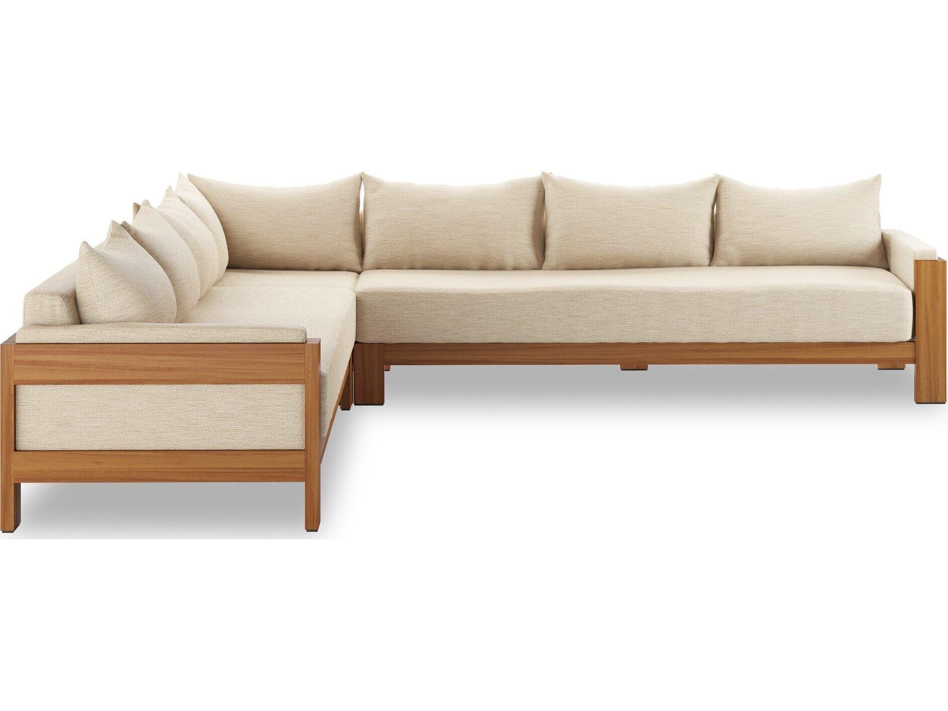 Four Hands Outdoor Duvall Natural Teak Three-Piece Sectional Sofa with Casa Cream Cushion