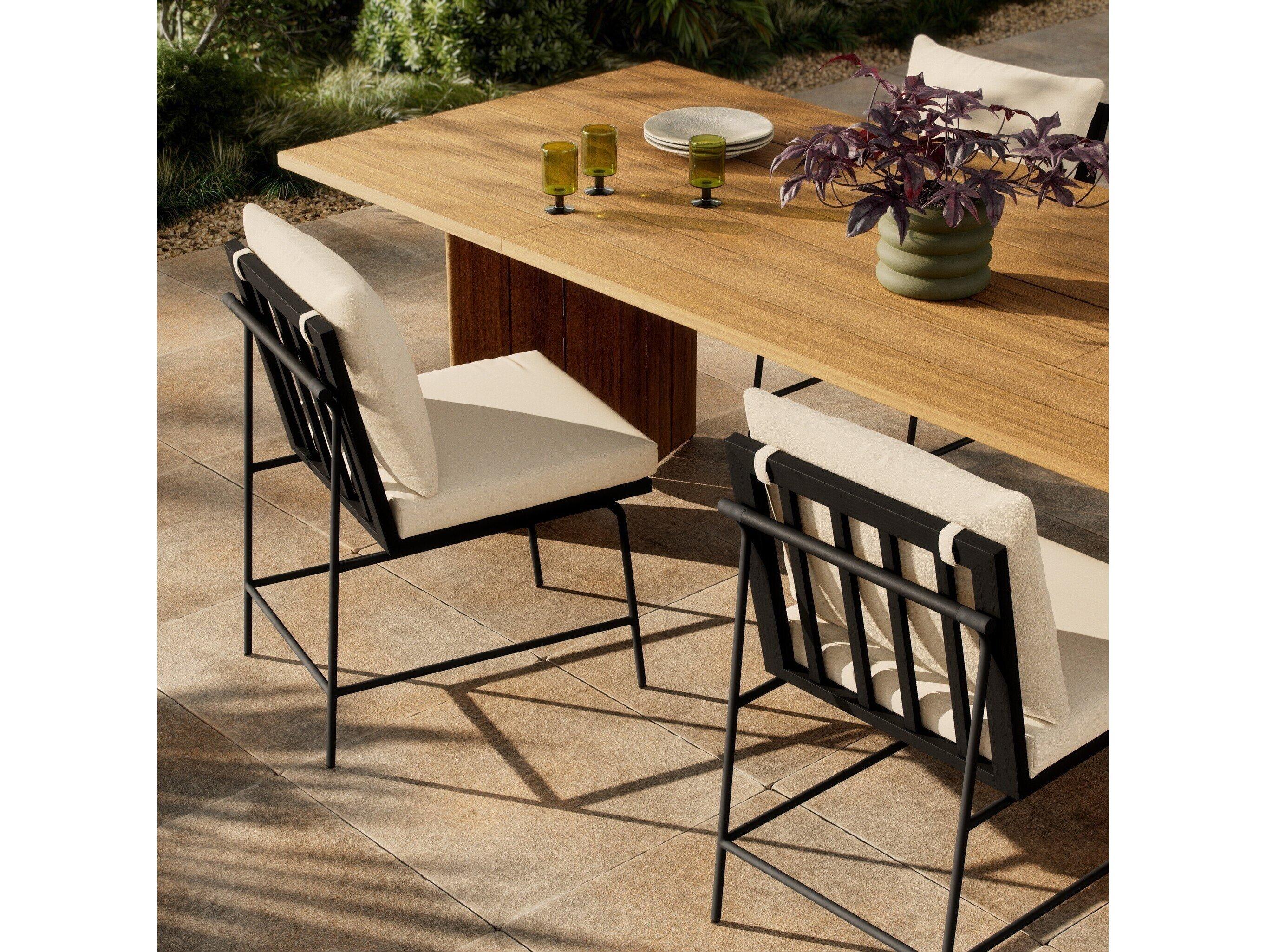 Four Hands Outdoor Grass Roots Crete Arashi Salt Charcoal Iron Black Teak Steel Cushion Dining Chair