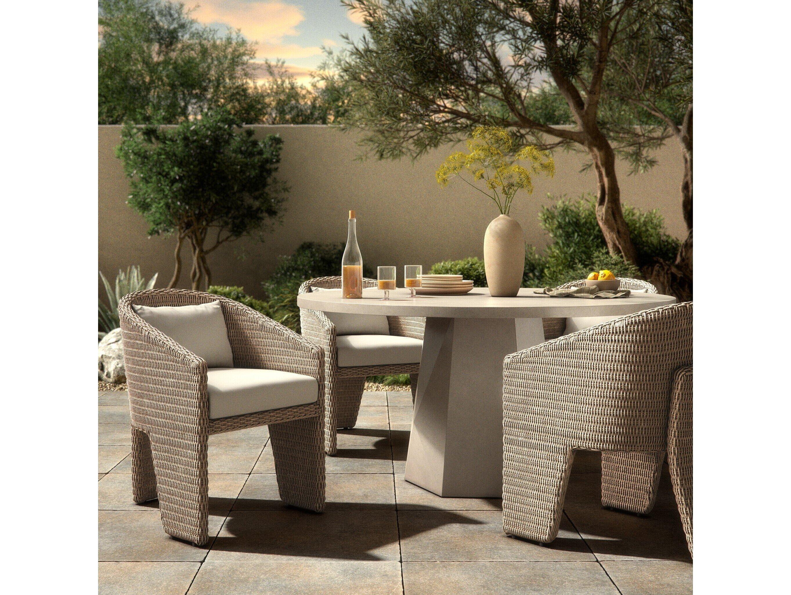 Four Hands Outdoor Providence Fae Vintage White Wicker Cushion Dining Arm Chair in Stinson White
