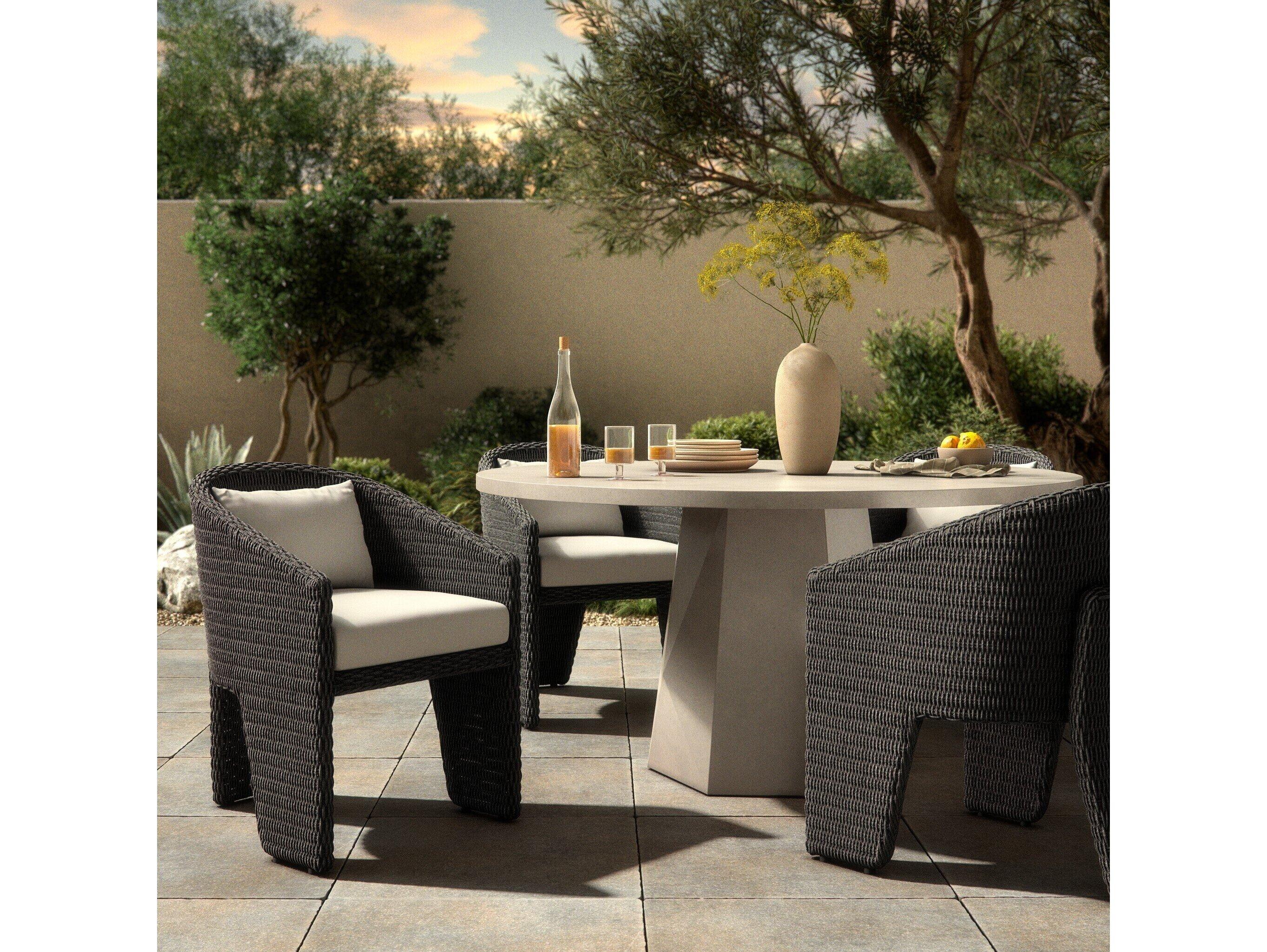 Four Hands Outdoor Providence Fae Vintage Coal Wicker Cushion Dining Arm Chair in Stinson White