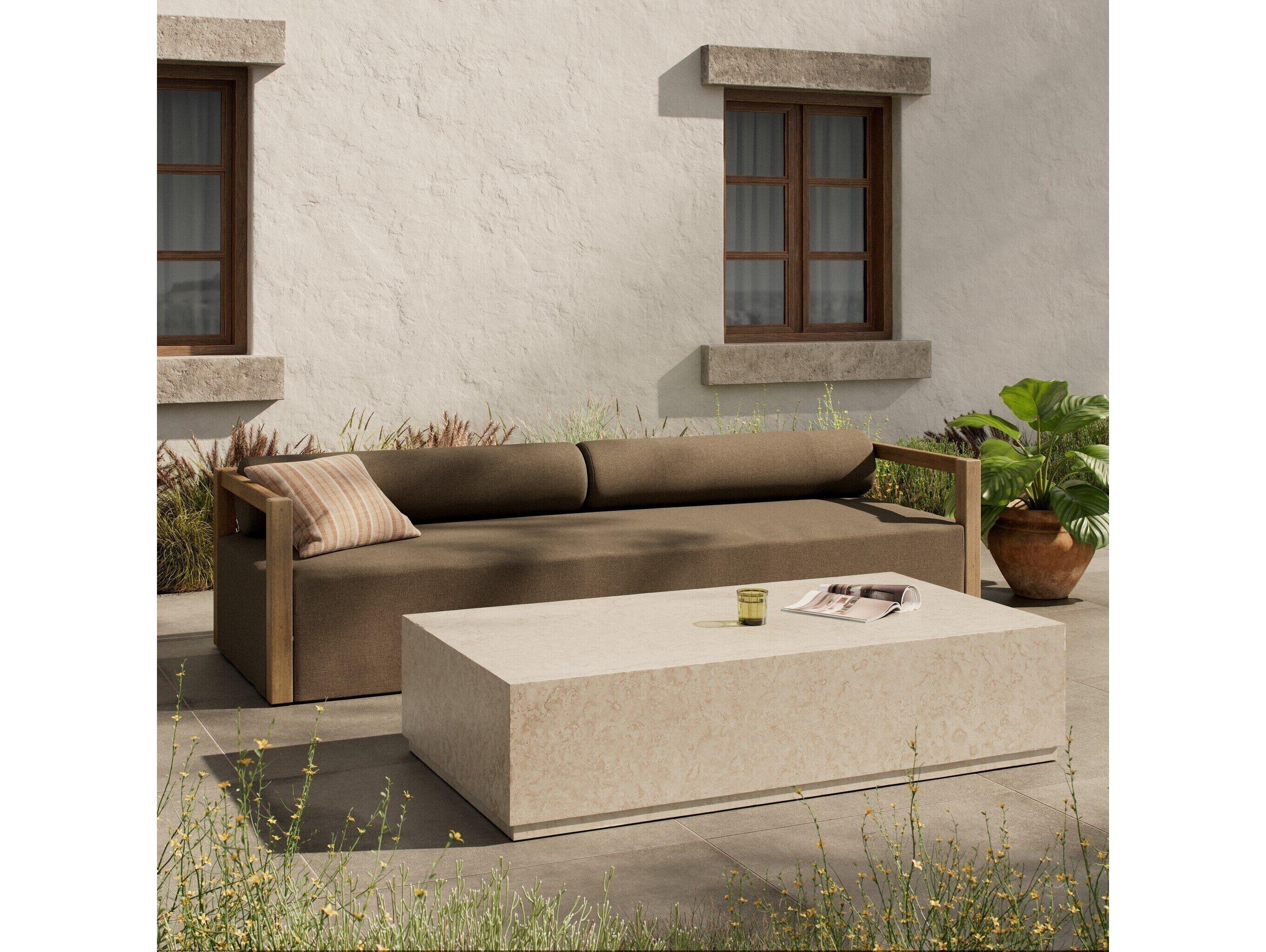 Four Hands Outdoor Rockwell Oakland Cream Marble 65" x 35" Rectangular Coffee Table