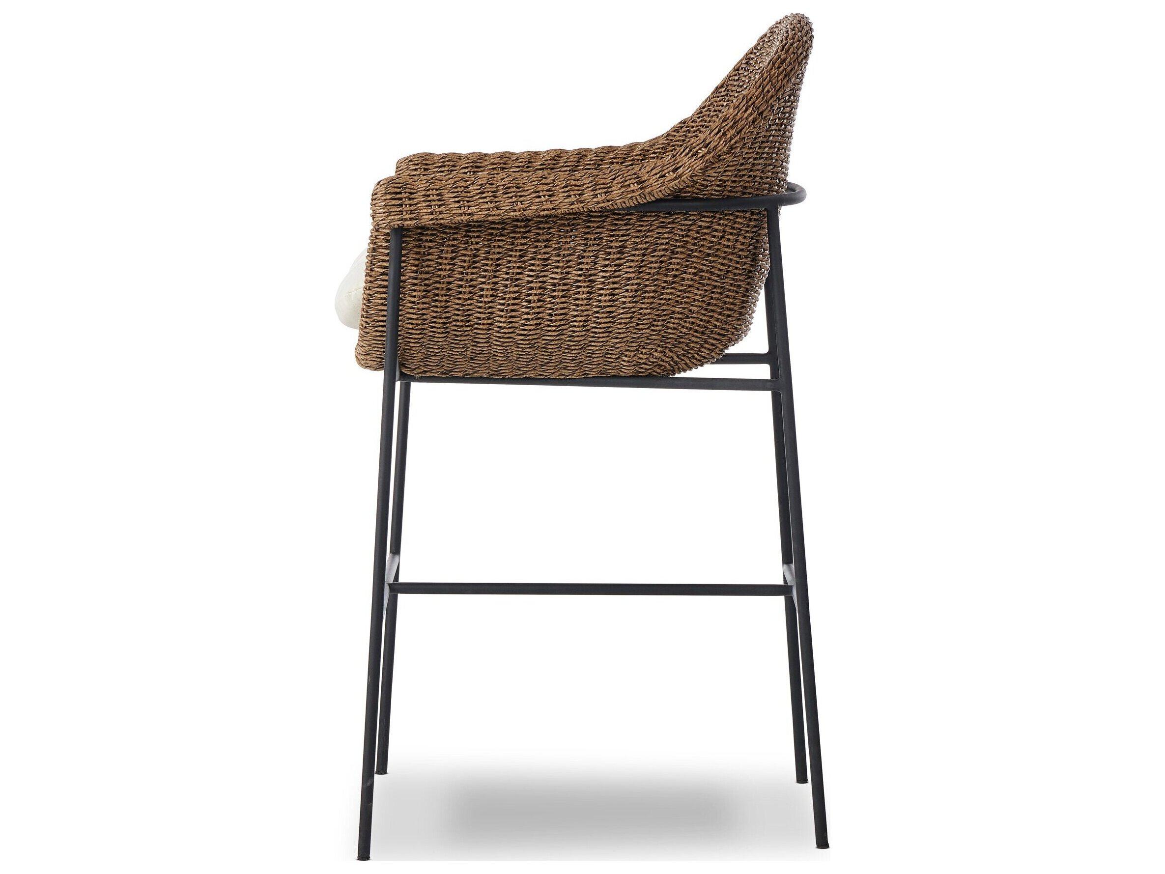 Four Hands Outdoor Grass Roots Suerte Iron Wicker Cushion Bar Stool in Arashi Salt